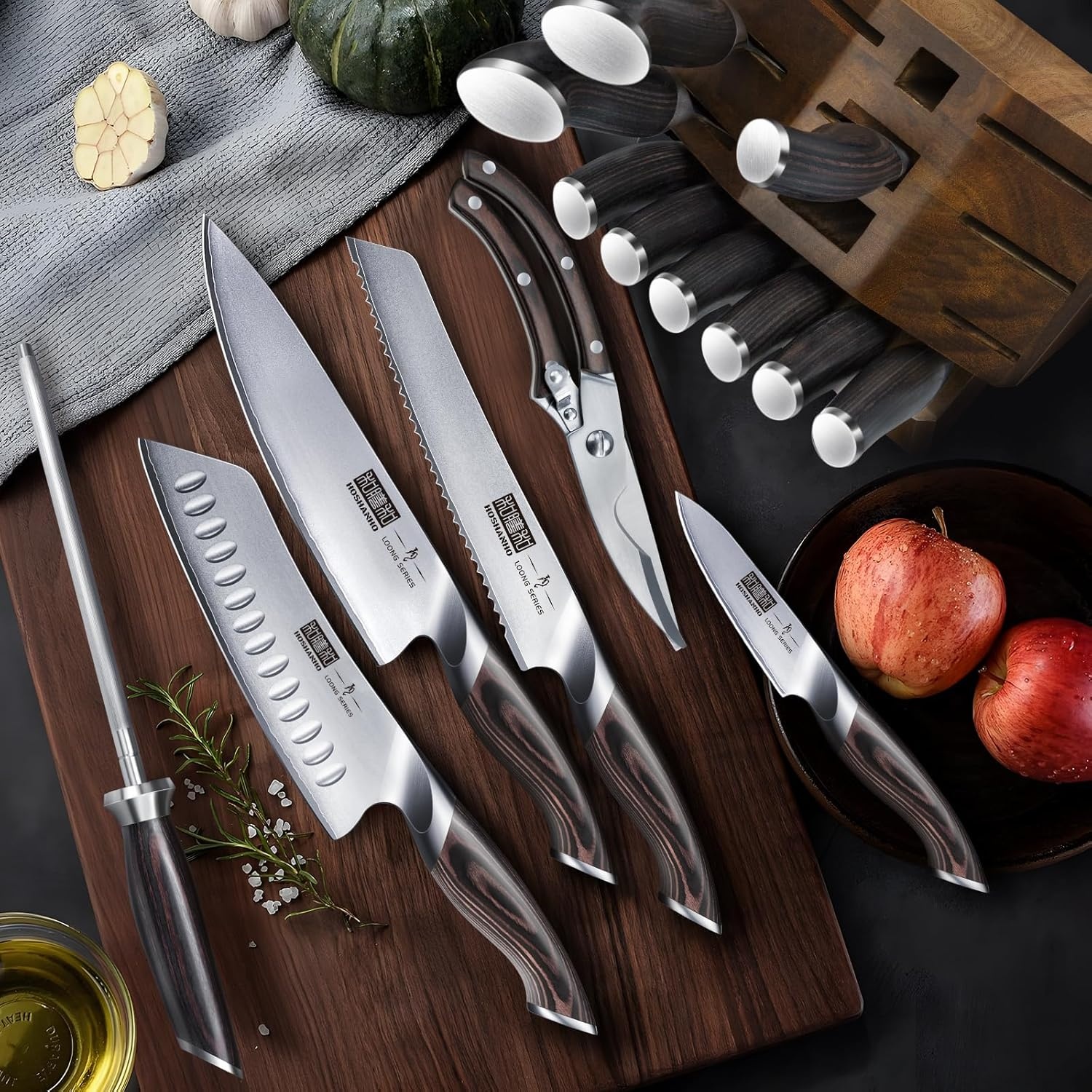 image:imageHOSHANHO 16PCS Knife Set Ultra Sharp Japanese Kitchen Knife Set with Block Japanese High Carbon Stainless Steel Cooking Knife set Multipurpose Chef Knives Set with Sharpener Ergonomic Handle Gifts