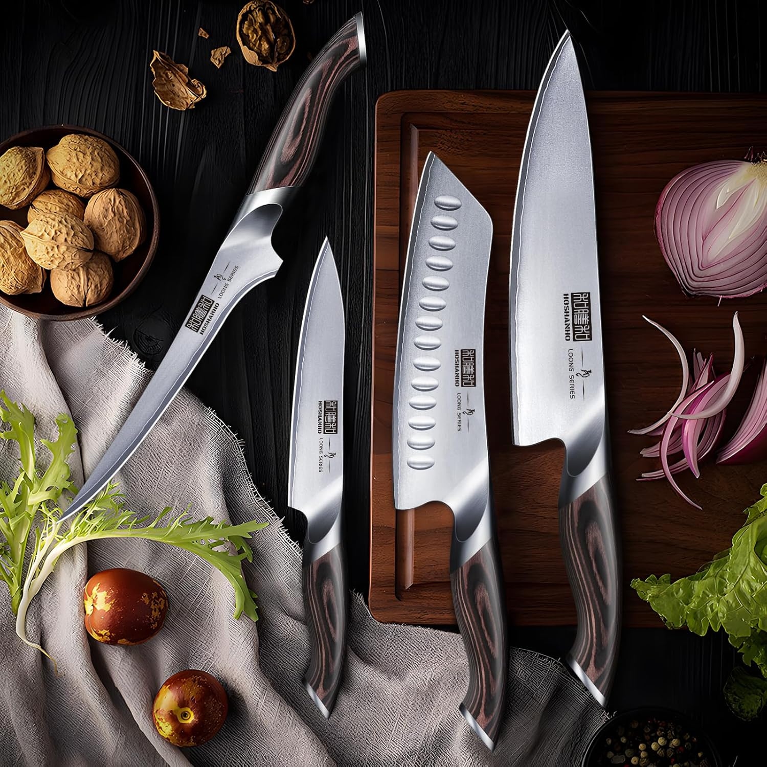 image:imageHOSHANHO 16PCS Knife Set Ultra Sharp Japanese Kitchen Knife Set with Block Japanese High Carbon Stainless Steel Cooking Knife set Multipurpose Chef Knives Set with Sharpener Ergonomic Handle Gifts