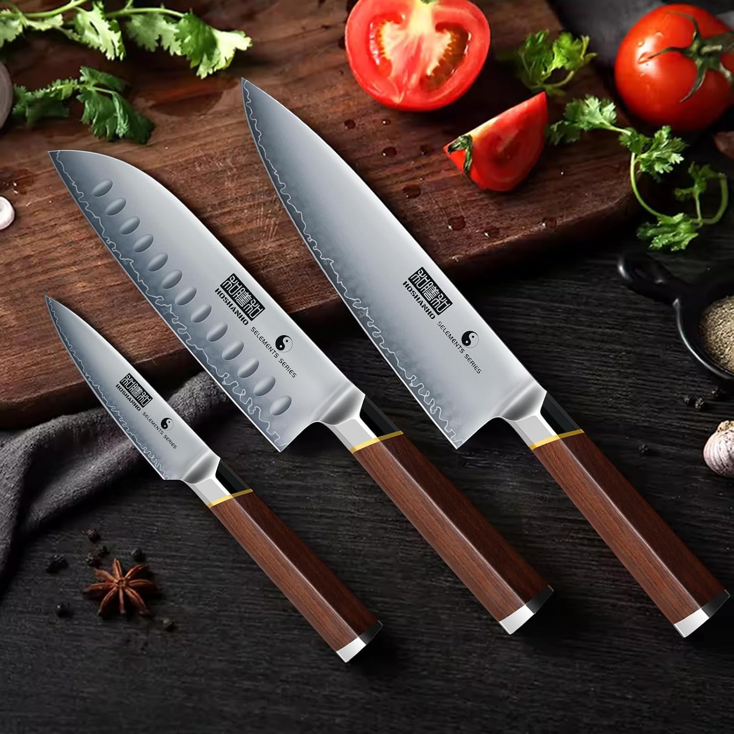 image:imageHOSHANHO 3 PCS Knife Set Sharp Japanese Kitchen Knife Set Rosewood Handle High Carbon Steel Kitchen Knives Professional Chef Knife Set with Ergonomic Handle Ideal Gift for Home amp Pro Chef3 Pieces Knife Set