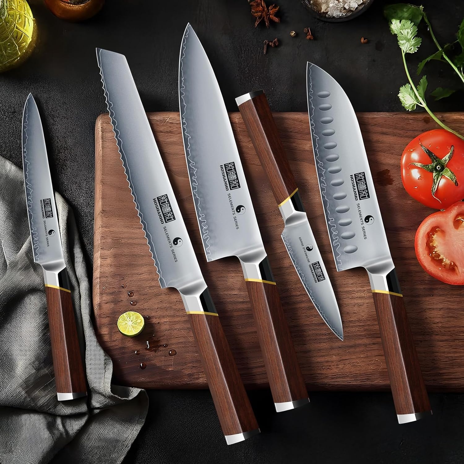 image:imageHOSHANHO 3 PCS Knife Set Sharp Japanese Kitchen Knife Set Rosewood Handle High Carbon Steel Kitchen Knives Professional Chef Knife Set with Ergonomic Handle Ideal Gift for Home amp Pro Chef8 Pieces Knife Set