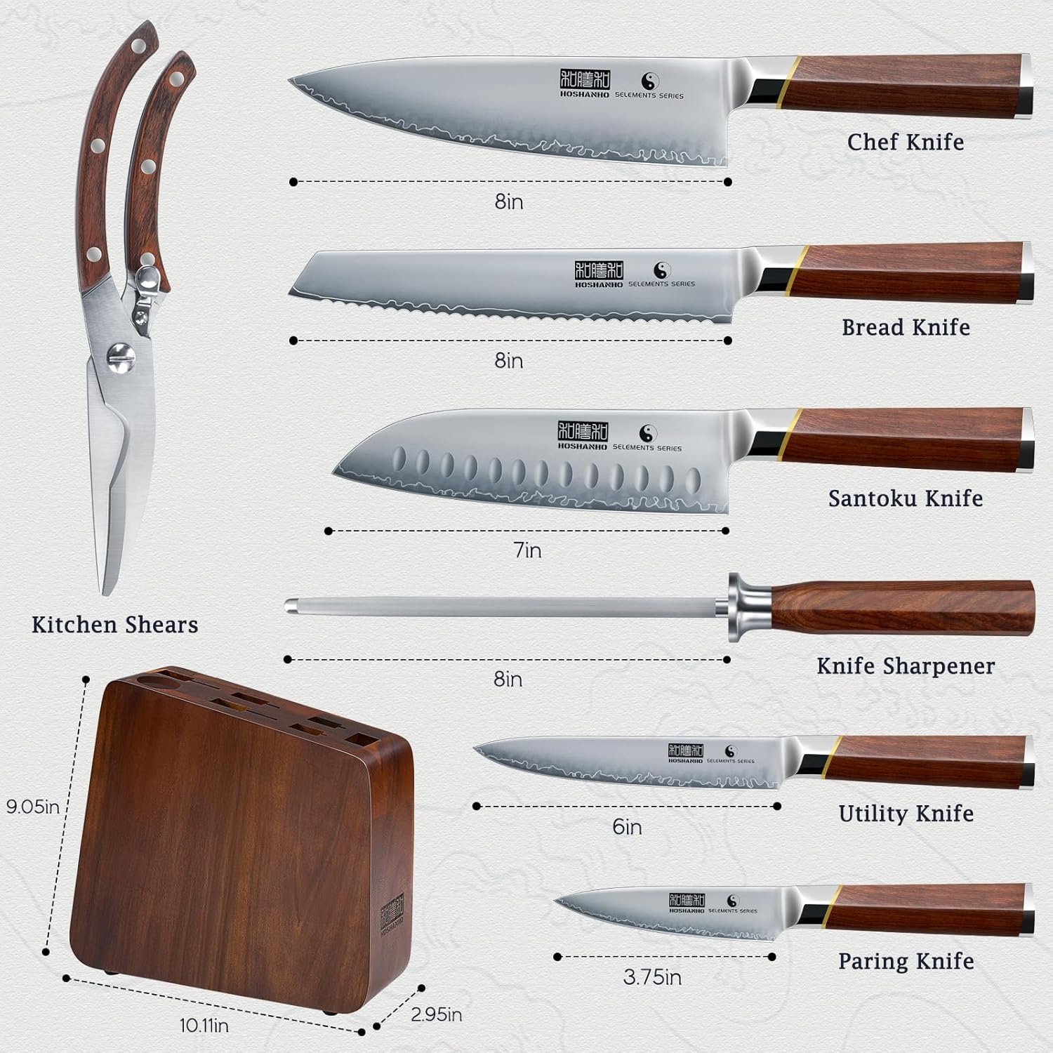 image:imageHOSHANHO 3 PCS Knife Set Sharp Japanese Kitchen Knife Set Rosewood Handle High Carbon Steel Kitchen Knives Professional Chef Knife Set with Ergonomic Handle Ideal Gift for Home amp Pro Chef8 Pieces Knife Set