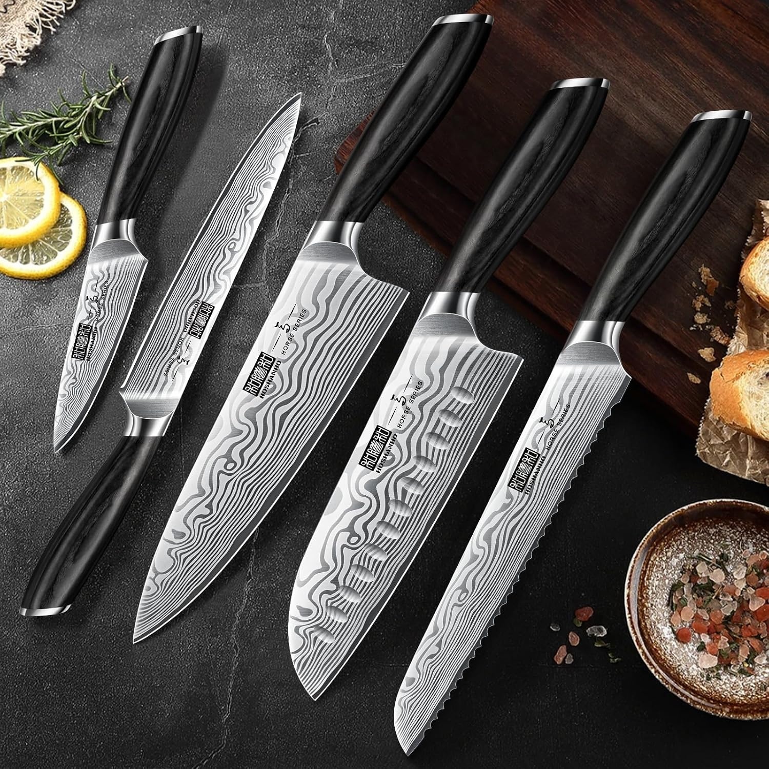 image:imageHOSHANHO 3 Pcs Knife Set Professional Kitchen Knife Set Pakkawood Handle Ultra Sharp Chef Knives Set for Kitchen High Carbon Powder Steel Japanese Cooking Knife Set with Elegant Gift Box5 Pieces Knife Set