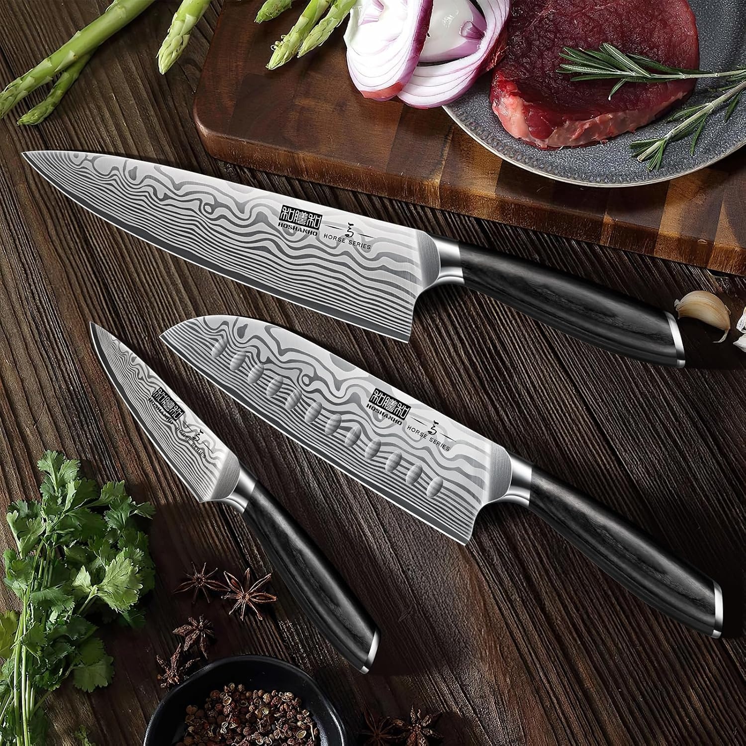 image:imageHOSHANHO 3 Pcs Knife Set Professional Kitchen Knife Set Pakkawood Handle Ultra Sharp Chef Knives Set for Kitchen High Carbon Powder Steel Japanese Cooking Knife Set with Elegant Gift Box3 Pieces Knife Set