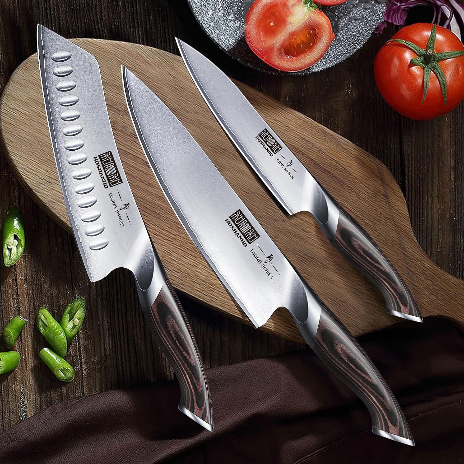 image:imageHOSHANHO 3 Pieces Knife Set Professional Japanese Kitchen Knife Set Ultra Sharp Japanese High Carbon Stainless Steel Chef Knives Sets with Ergonomic Pakkawood Handle