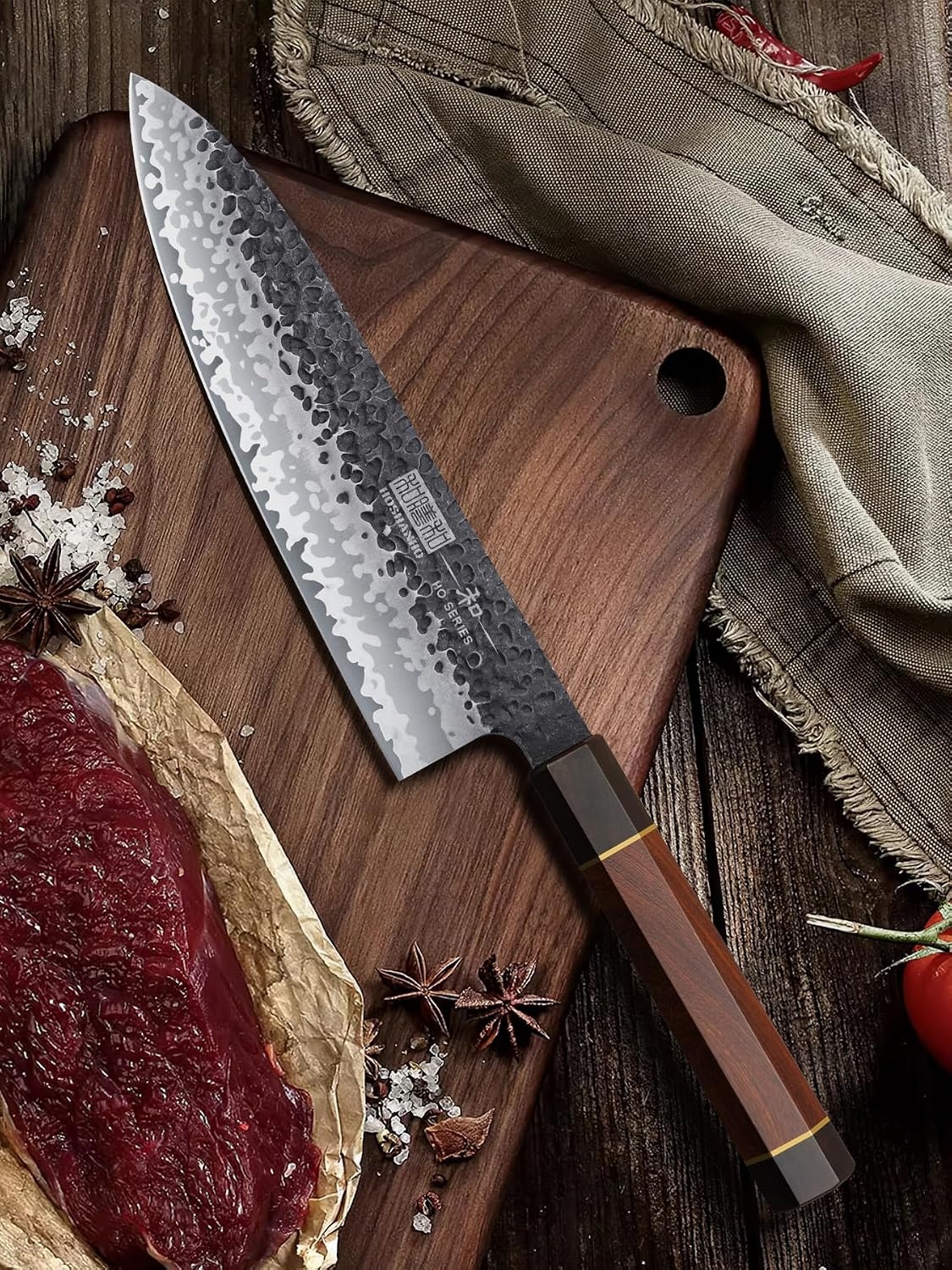 image:imageHOSHANHO 7 Nakiri Knife Handcrafted Razor Sharp Meat Vegetable Cleaver High Carbon Steel Asian Chopping Chef Knife Multipurpose Vegetable Kitchen Knife with Gift Box for Men and Women3Piece Set
