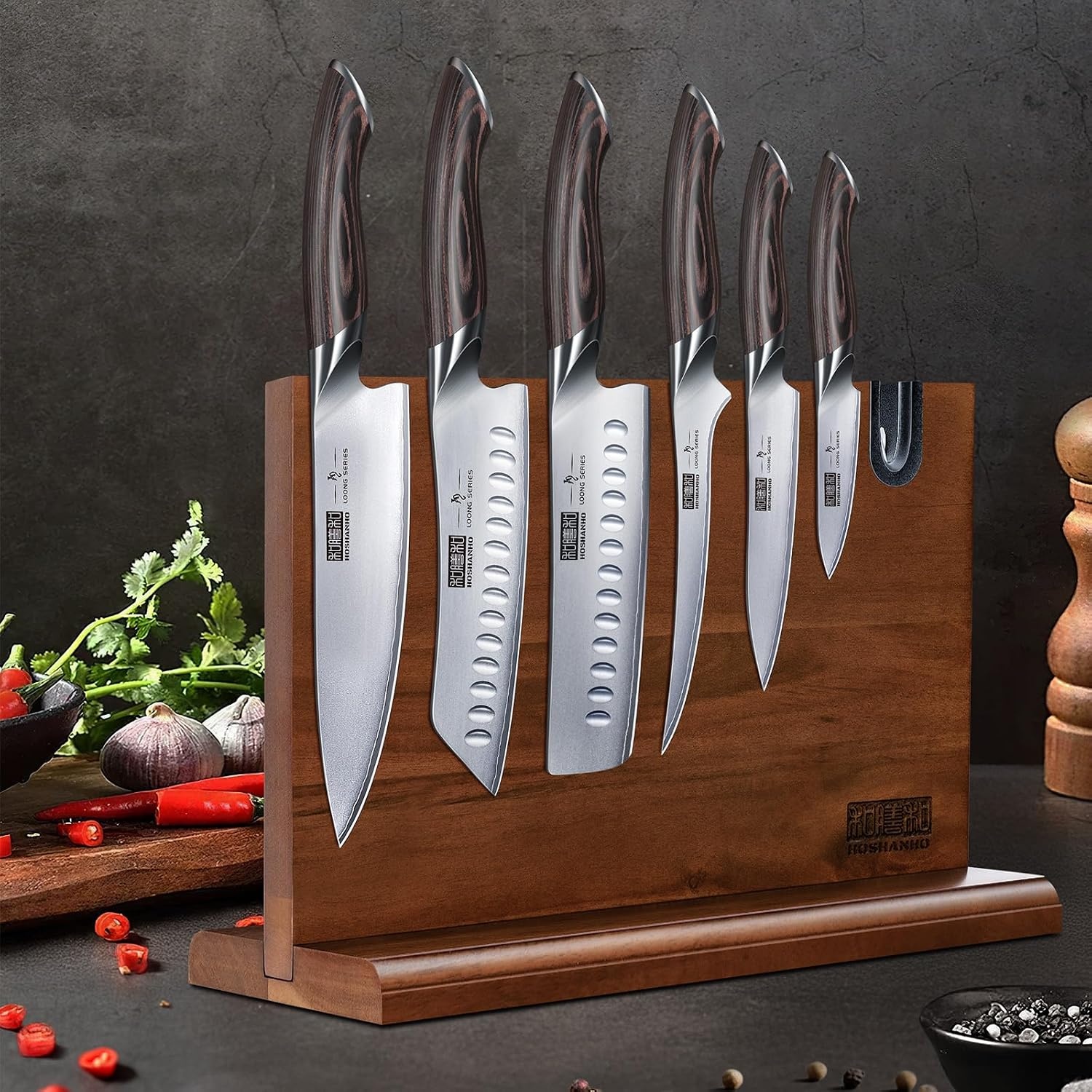 image:imageHOSHANHO 7PCS Kitchen Knife Set Japanese Magnetic Knife Block Set Ultra Sharp Japanese High Carbon Stainless Steel Chef Knives Sets with Block Ergonomic Pakkawood Handle Ideal Cooking Gift