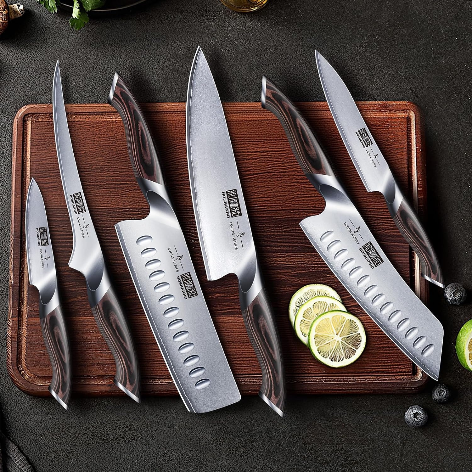 image:imageHOSHANHO 7PCS Kitchen Knife Set Japanese Magnetic Knife Block Set Ultra Sharp Japanese High Carbon Stainless Steel Chef Knives Sets with Block Ergonomic Pakkawood Handle Ideal Cooking Gift