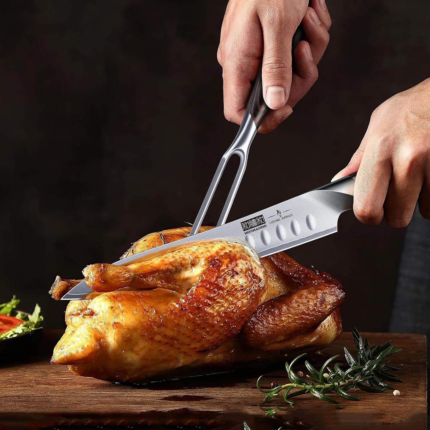 image:imageHOSHANHO 8 Inch Carving Knife amp 7 Inch Fork Set Razor Sharp Slicing Knife Professional Japanese High Carbon Steel Butcher Brisket Slicing Knife Set for Meat Cutting BBQ Ergonomic Handle Gifts