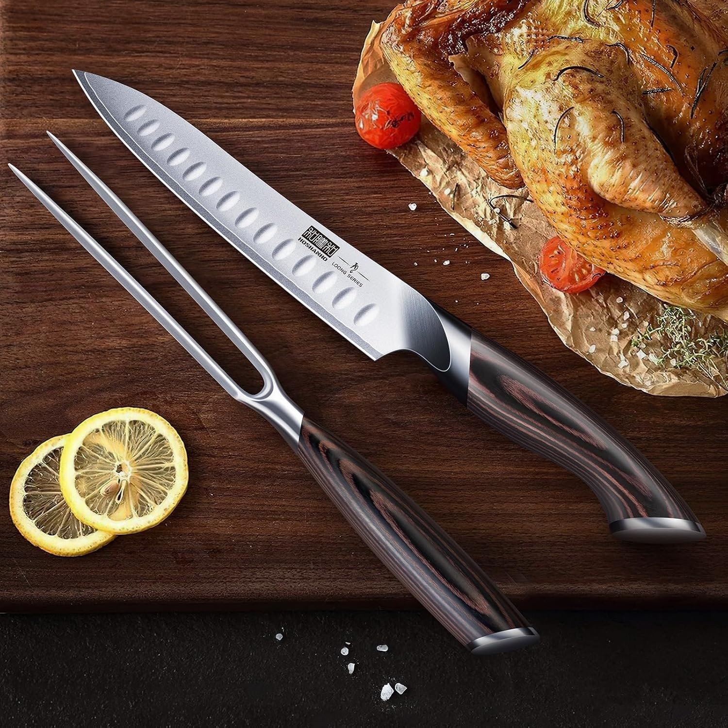 image:imageHOSHANHO 8 Inch Carving Knife amp 7 Inch Fork Set Razor Sharp Slicing Knife Professional Japanese High Carbon Steel Butcher Brisket Slicing Knife Set for Meat Cutting BBQ Ergonomic Handle Gifts