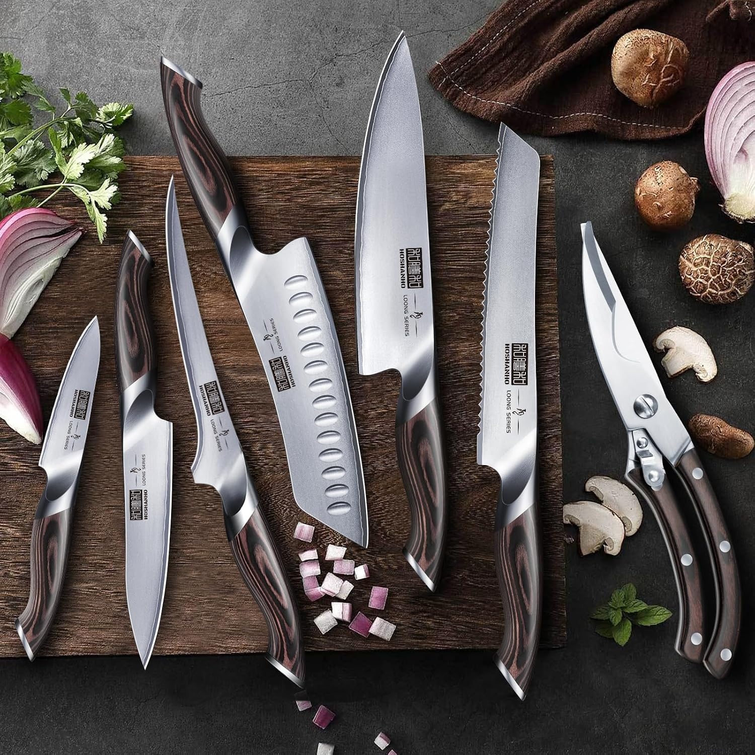 image:imageHOSHANHO 8PCS Kitchen Knife Set Ultra Sharp Japanese Knife Sets with Block Japanese High Carbon Super Steel Knife Block Set Professional Chef Knife Set with Scissors Ergonomic Handle Ideal Gifts
