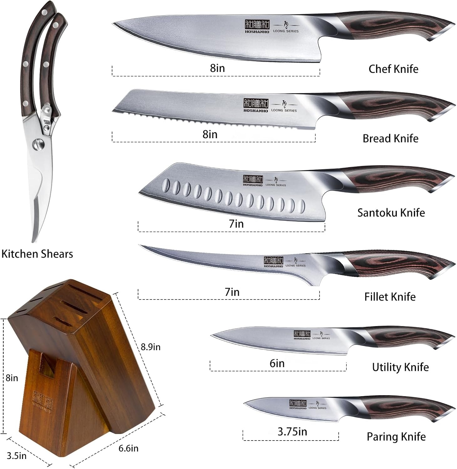 image:imageHOSHANHO 8PCS Kitchen Knife Set Ultra Sharp Japanese Knife Sets with Block Japanese High Carbon Super Steel Knife Block Set Professional Chef Knife Set with Scissors Ergonomic Handle Ideal Gifts