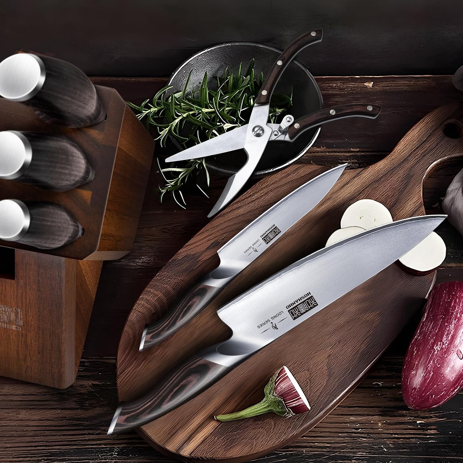 image:imageHOSHANHO 8PCS Kitchen Knife Set Ultra Sharp Japanese Knife Sets with Block Japanese High Carbon Super Steel Knife Block Set Professional Chef Knife Set with Scissors Ergonomic Handle Ideal Gifts