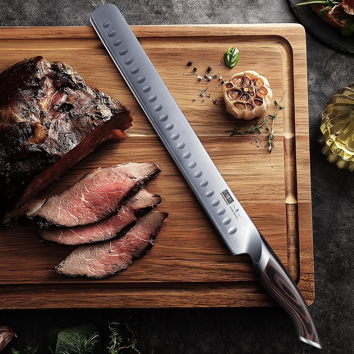 image:imageHOSHANHO Carving Knife 12 Inch Razor Sharp Japanese Brisket Slicing Knife Japanese High Carbon Steel Brisket Knife with Ergonomic Pakkawood Handle Breaking Knives for Meat Cutting BBQ Turkey
