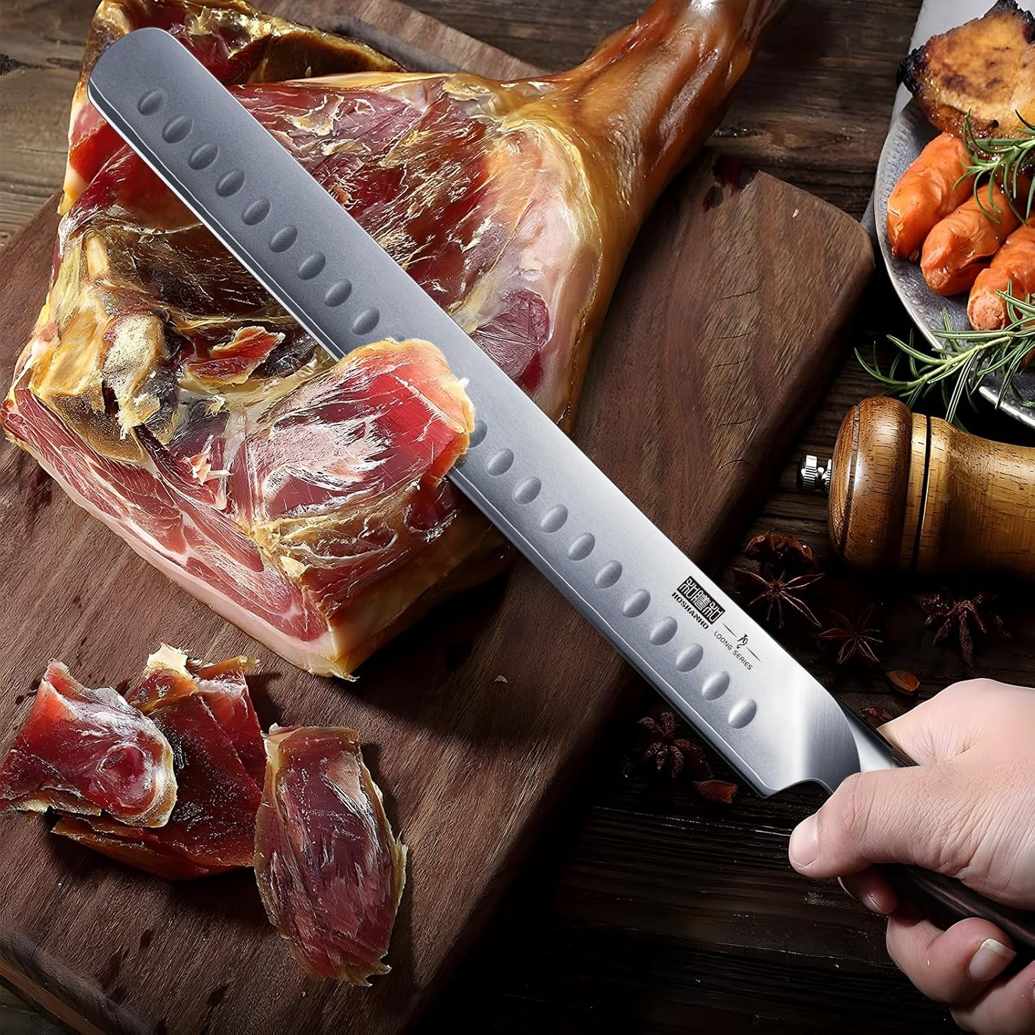 image:imageHOSHANHO Carving Knife 12 Inch Razor Sharp Japanese Brisket Slicing Knife Japanese High Carbon Steel Brisket Knife with Ergonomic Pakkawood Handle Breaking Knives for Meat Cutting BBQ Turkey