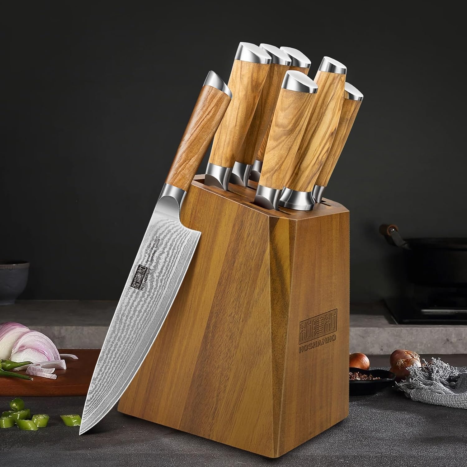 image:imageHOSHANHO Damascus Kitchen Knife Set 5PCS Sharp Chef Knives Ergonomic Grip Professional Cooking Knife Set Japanese Super Steel 15 Edge 62 HRC Ergonomic Olive Wood Handle Housewarming Gift7 Pieces Knife Set