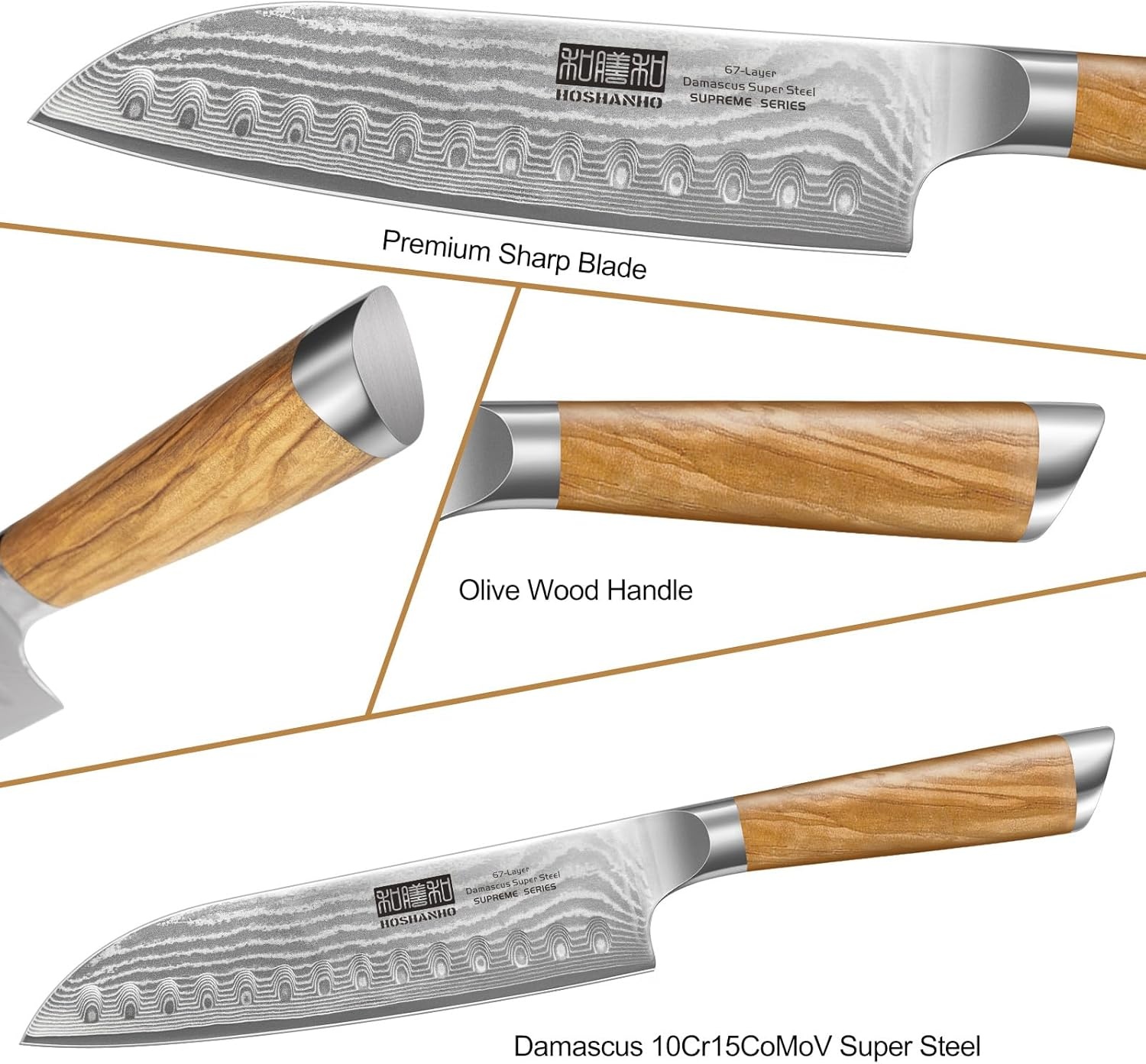 image:imageHOSHANHO Damascus Kitchen Knife Set 5PCS Sharp Chef Knives Ergonomic Grip Professional Cooking Knife Set Japanese Super Steel 15 Edge 62 HRC Ergonomic Olive Wood Handle Housewarming Gift3 Pieces Knife Set