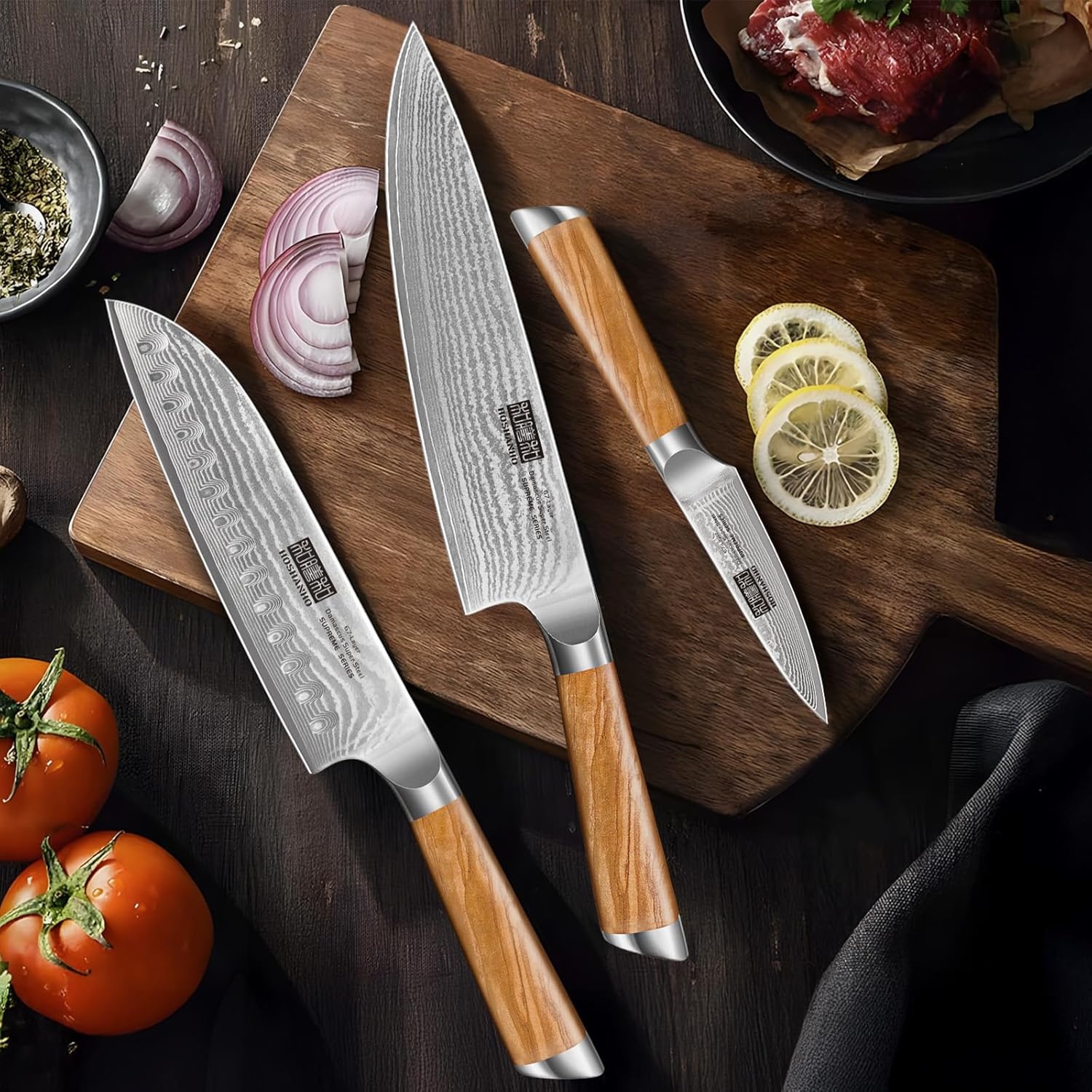 image:imageHOSHANHO Damascus Kitchen Knife Set 5PCS Sharp Chef Knives Ergonomic Grip Professional Cooking Knife Set Japanese Super Steel 15 Edge 62 HRC Ergonomic Olive Wood Handle Housewarming Gift3 Pieces Knife Set