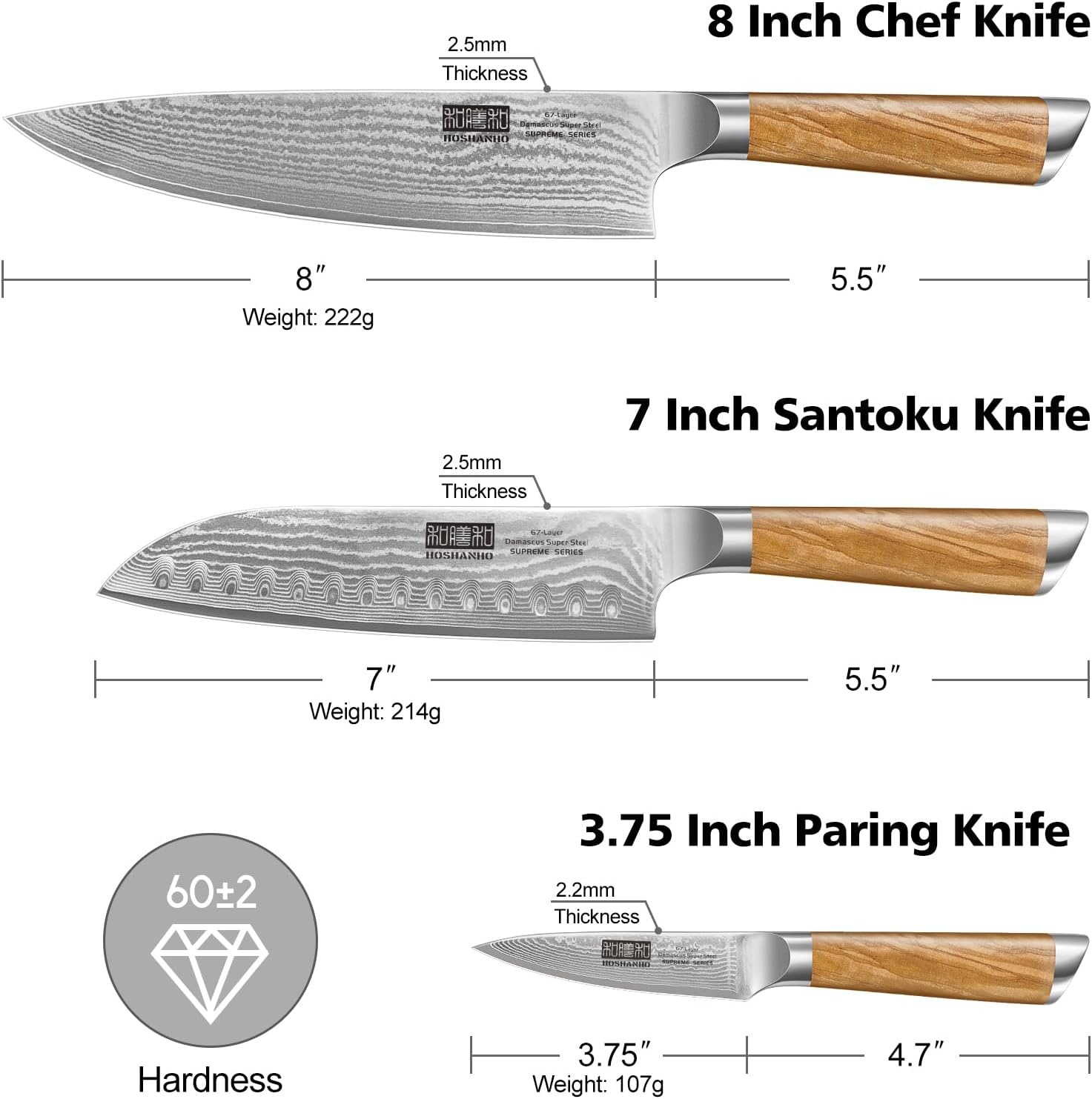 image:imageHOSHANHO Damascus Kitchen Knife Set 5PCS Sharp Chef Knives Ergonomic Grip Professional Cooking Knife Set Japanese Super Steel 15 Edge 62 HRC Ergonomic Olive Wood Handle Housewarming Gift3 Pieces Knife Set