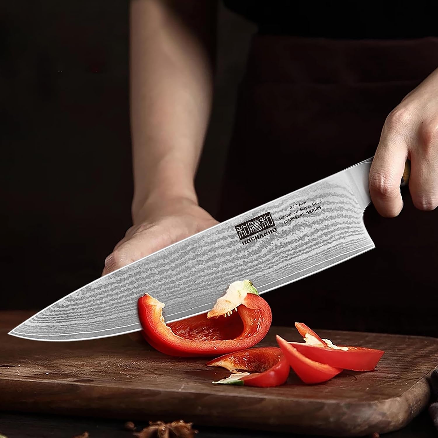 image:imageHOSHANHO Damascus Kitchen Knife Set 5PCS Sharp Chef Knives Ergonomic Grip Professional Cooking Knife Set Japanese Super Steel 15 Edge 62 HRC Ergonomic Olive Wood Handle Housewarming Gift7 Pieces Knife Set