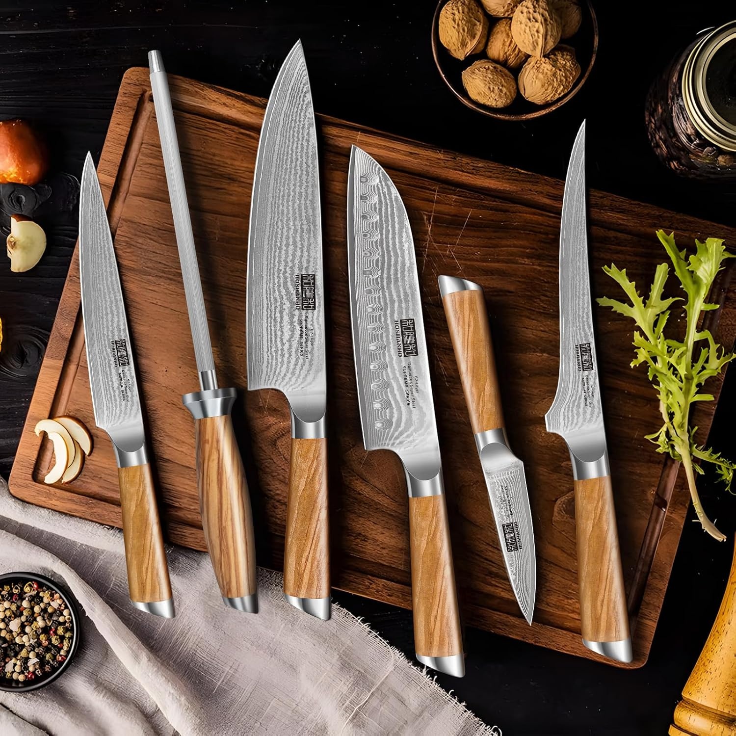 image:imageHOSHANHO Damascus Kitchen Knife Set 5PCS Sharp Chef Knives Ergonomic Grip Professional Cooking Knife Set Japanese Super Steel 15 Edge 62 HRC Ergonomic Olive Wood Handle Housewarming Gift7 Pieces Knife Set
