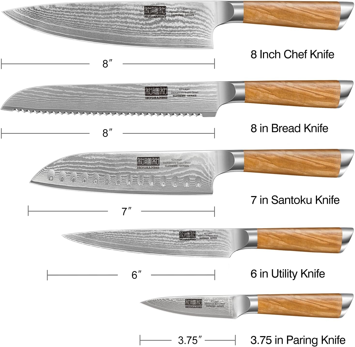 image:imageHOSHANHO Damascus Kitchen Knife Set 5PCS Sharp Chef Knives Ergonomic Grip Professional Cooking Knife Set Japanese Super Steel 15 Edge 62 HRC Ergonomic Olive Wood Handle Housewarming Gift5 Pieces Knife Set
