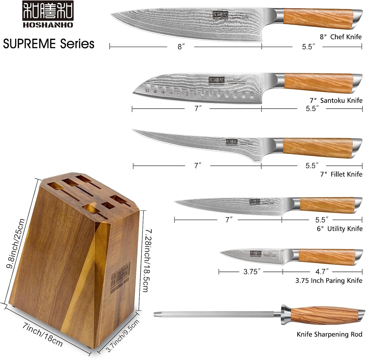 image:imageHOSHANHO Damascus Kitchen Knife Set 5PCS Sharp Chef Knives Ergonomic Grip Professional Cooking Knife Set Japanese Super Steel 15 Edge 62 HRC Ergonomic Olive Wood Handle Housewarming Gift7 Pieces Knife Set