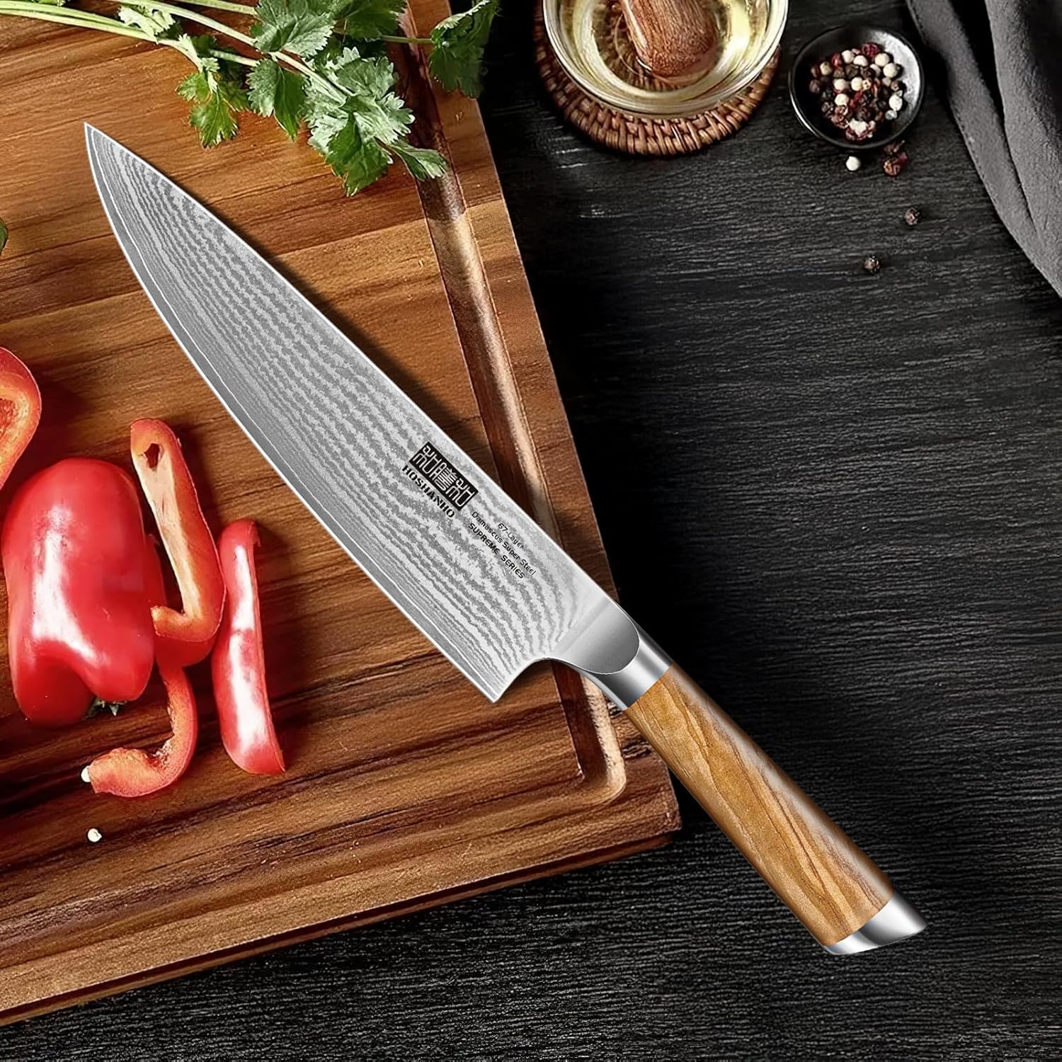 image:imageHOSHANHO Damascus Kitchen Knife Set 5PCS Sharp Chef Knives Ergonomic Grip Professional Cooking Knife Set Japanese Super Steel 15 Edge 62 HRC Ergonomic Olive Wood Handle Housewarming Gift5 Pieces Knife Set