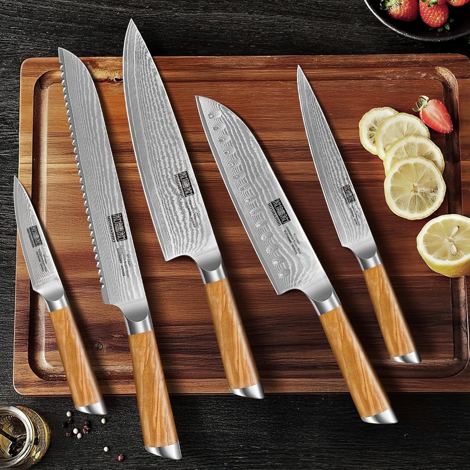 image:imageHOSHANHO Damascus Kitchen Knife Set 5PCS Sharp Chef Knives Ergonomic Grip Professional Cooking Knife Set Japanese Super Steel 15 Edge 62 HRC Ergonomic Olive Wood Handle Housewarming Gift5 Pieces Knife Set