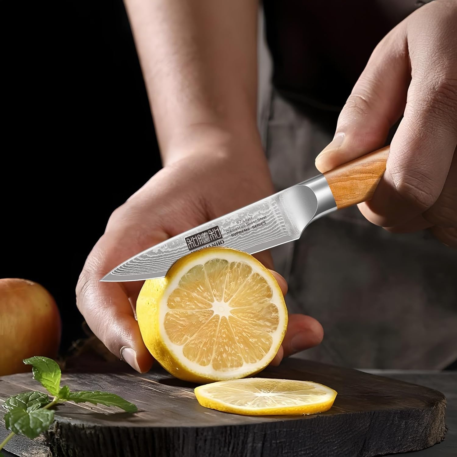 image:imageHOSHANHO Damascus Kitchen Knife Set 5PCS Sharp Chef Knives Ergonomic Grip Professional Cooking Knife Set Japanese Super Steel 15 Edge 62 HRC Ergonomic Olive Wood Handle Housewarming Gift3 Pieces Knife Set