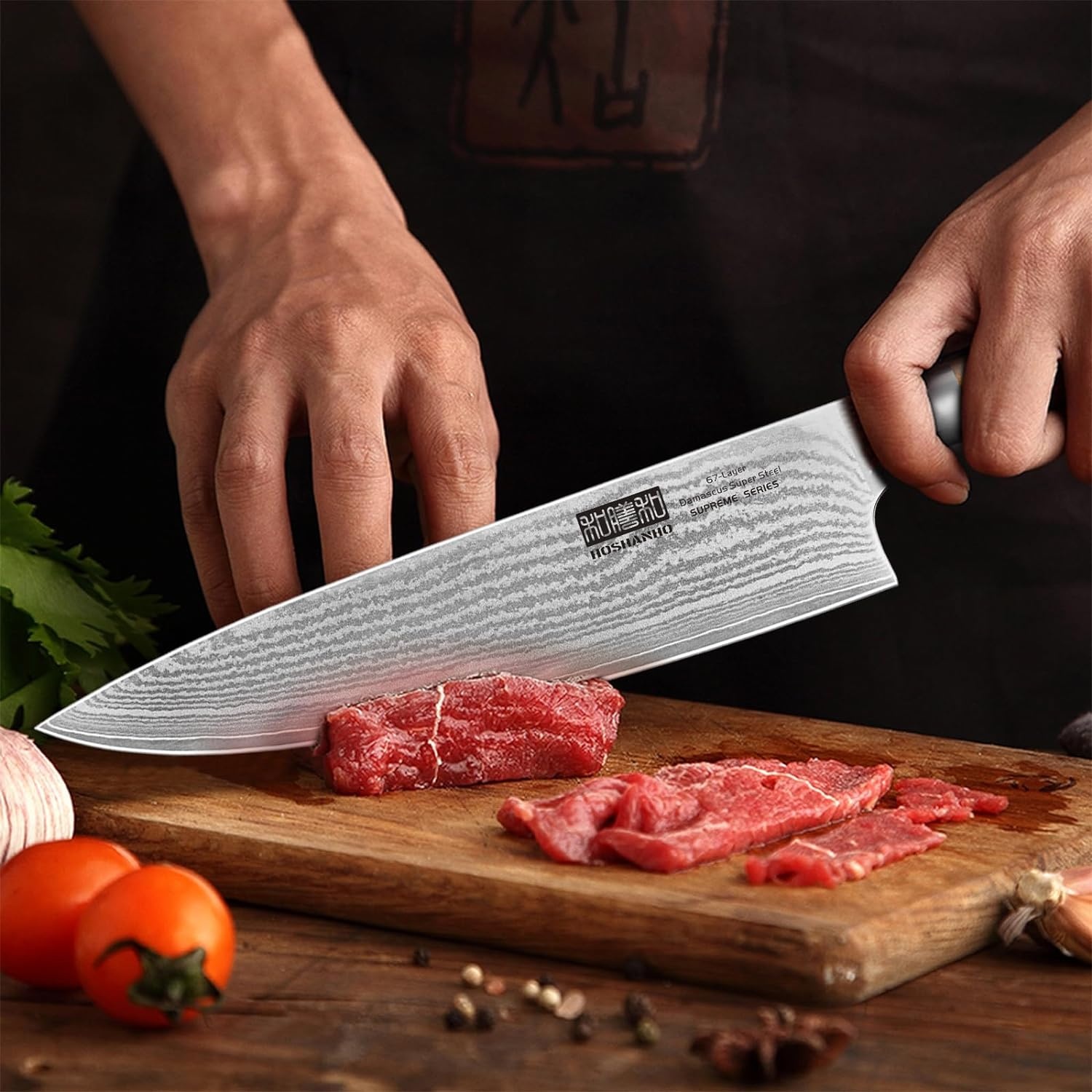 image:imageHOSHANHO Damascus Kitchen Knife Set 5PCS Sharp Chef Knives Ergonomic Grip Professional Cooking Knife Set Japanese Super Steel 15 Edge 62 HRC Ergonomic Olive Wood Handle Housewarming Gift3 Pieces Knife Set