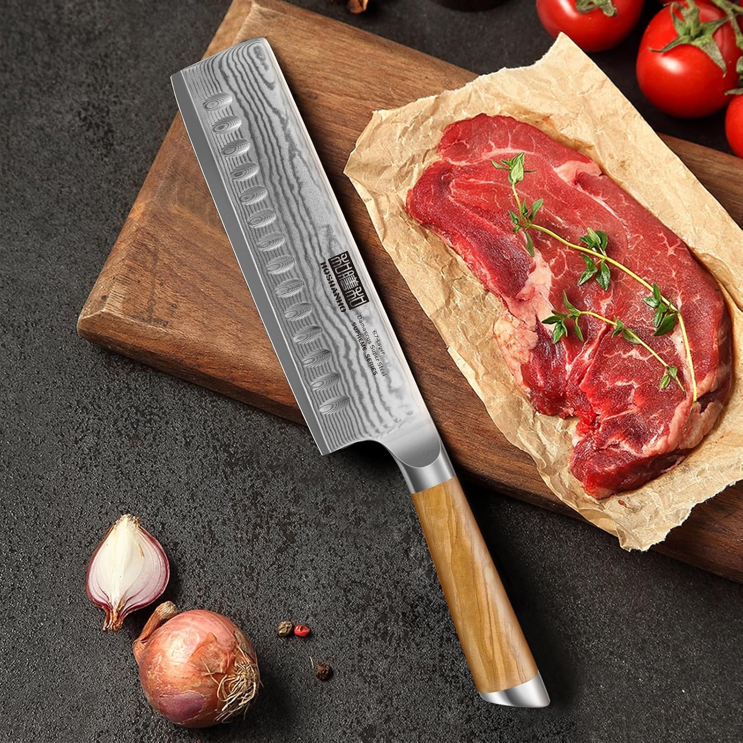 image:imageHOSHANHO Damascus Paring Knife 375 Sharp Japanese HC Steel Fruit Knife Small Kitchen Knife Professional 67 Layers Super Steel 15 Edge 62 HRC Blade Ergonomic Olive Handle Ideal Home Gift65 Inch Nakiri Knife