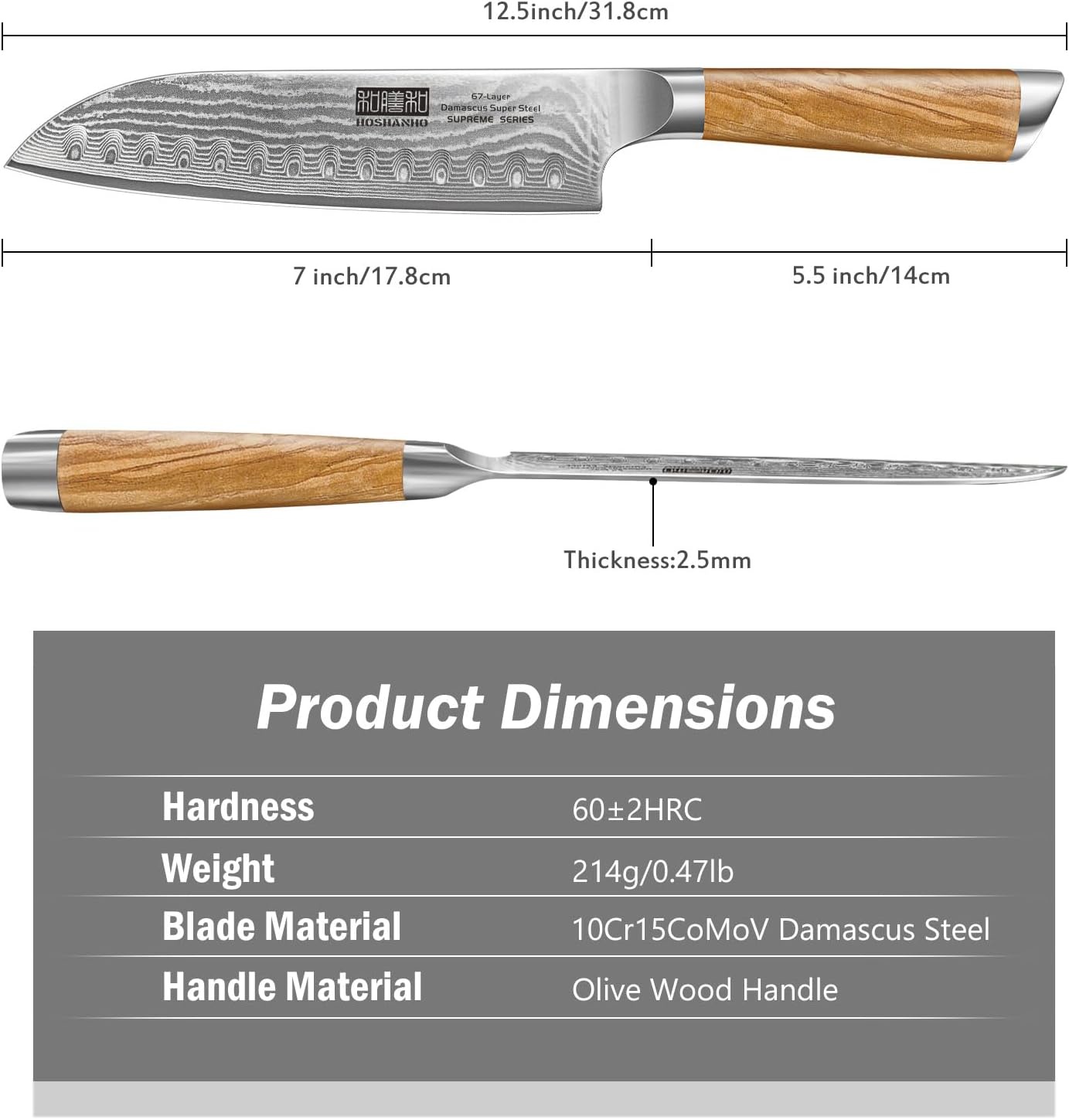 image:imageHOSHANHO Damascus Paring Knife 375 Sharp Japanese HC Steel Fruit Knife Small Kitchen Knife Professional 67 Layers Super Steel 15 Edge 62 HRC Blade Ergonomic Olive Handle Ideal Home Gift71 Inch Santoku Knife
