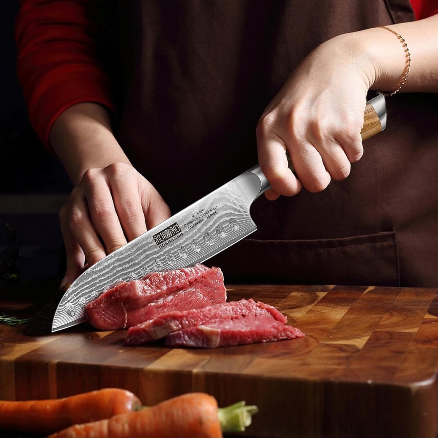 image:imageHOSHANHO Damascus Paring Knife 375 Sharp Japanese HC Steel Fruit Knife Small Kitchen Knife Professional 67 Layers Super Steel 15 Edge 62 HRC Blade Ergonomic Olive Handle Ideal Home Gift71 Inch Santoku Knife