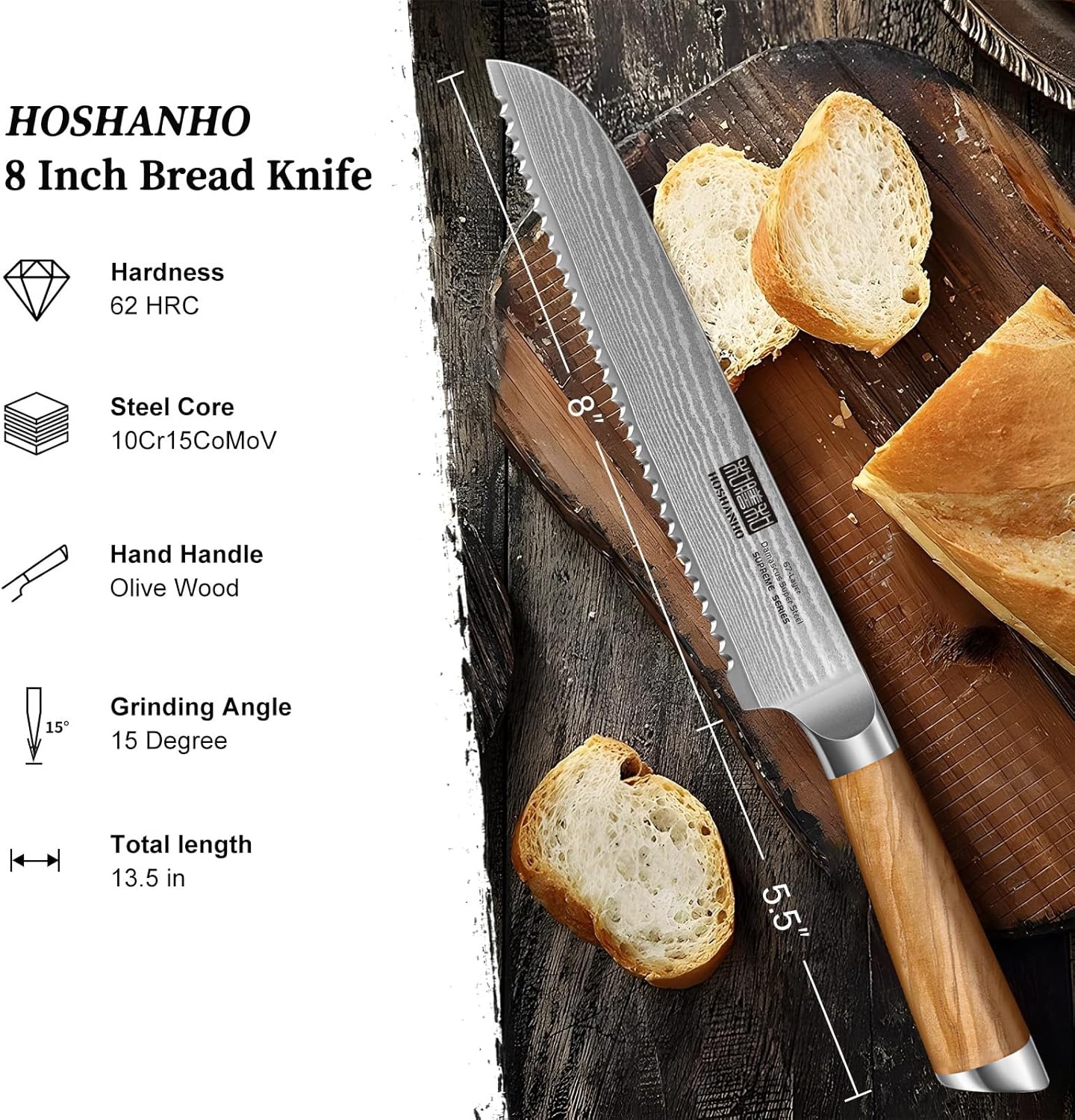 image:imageHOSHANHO Damascus Paring Knife 375 Sharp Japanese HC Steel Fruit Knife Small Kitchen Knife Professional 67 Layers Super Steel 15 Edge 62 HRC Blade Ergonomic Olive Handle Ideal Home Gift81 Inch Bread Knife