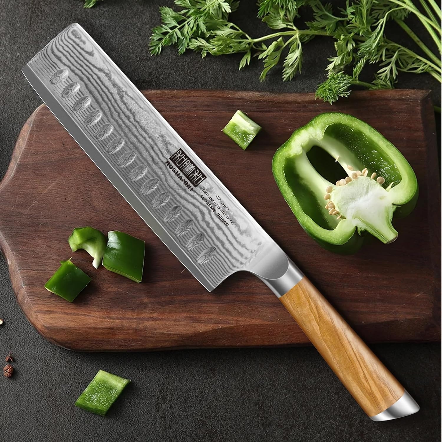 image:imageHOSHANHO Damascus Paring Knife 375 Sharp Japanese HC Steel Fruit Knife Small Kitchen Knife Professional 67 Layers Super Steel 15 Edge 62 HRC Blade Ergonomic Olive Handle Ideal Home Gift65 Inch Nakiri Knife