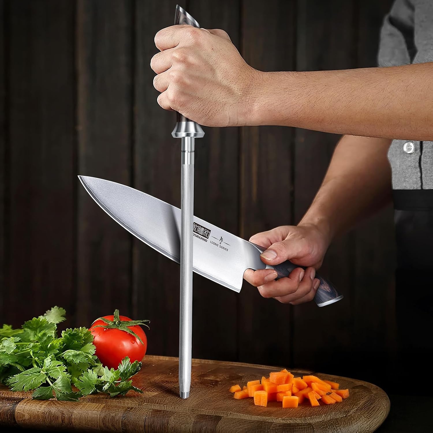 image:imageHOSHANHO Honing Rod 12 Inch Professional Kitchen Knife Sharpener Rod Japanese High Carbon Knife Sharpening Steel with Ergonomic Pakkawood Handle Ideal for All Chef Knives Gift for Chefs10