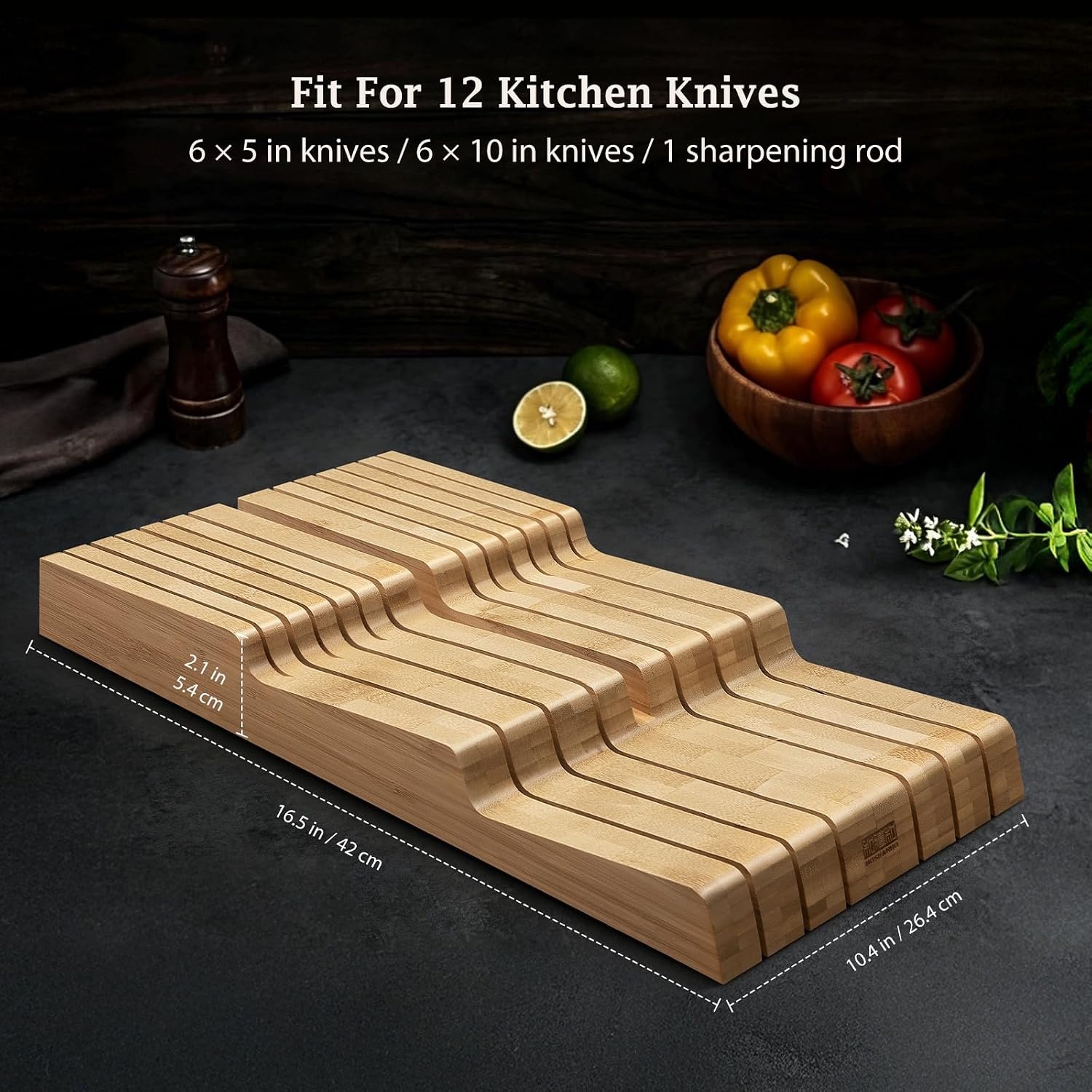 image:imageHOSHANHO InDrawer Knife Block Bamboo Knife Drawer Organizer for 12 Knives Large Knife Organizer Block Kitchen Steak Knife Holder for Sharpening Steel Natural Knives amp Sharpening Not IncludedNatural
