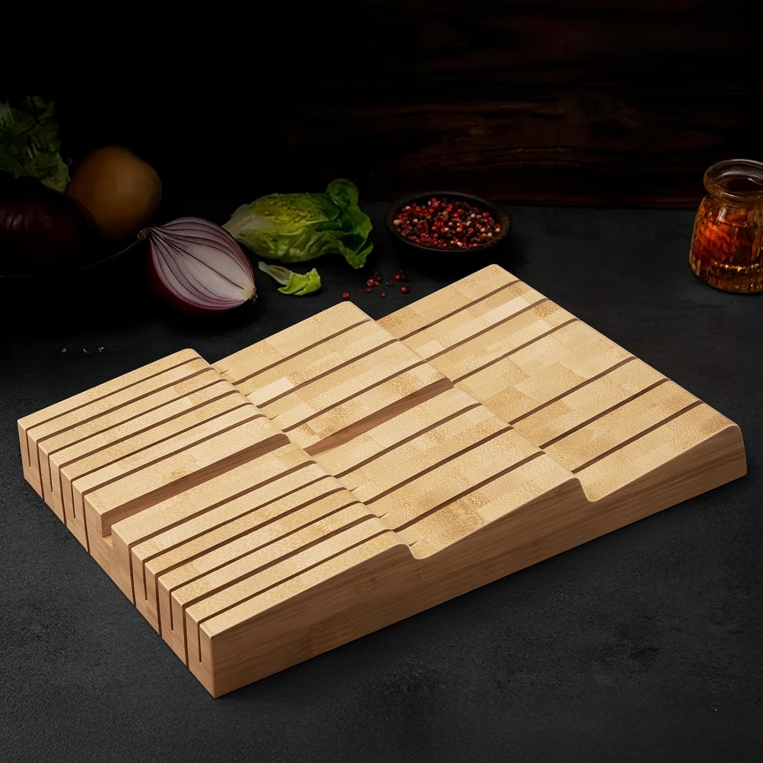 image:imageHOSHANHO InDrawer Knife Block Bamboo Knife Drawer Organizer for 12 Knives Large Knife Organizer Block Kitchen Steak Knife Holder for Sharpening Steel Natural Knives amp Sharpening Not IncludedNatural