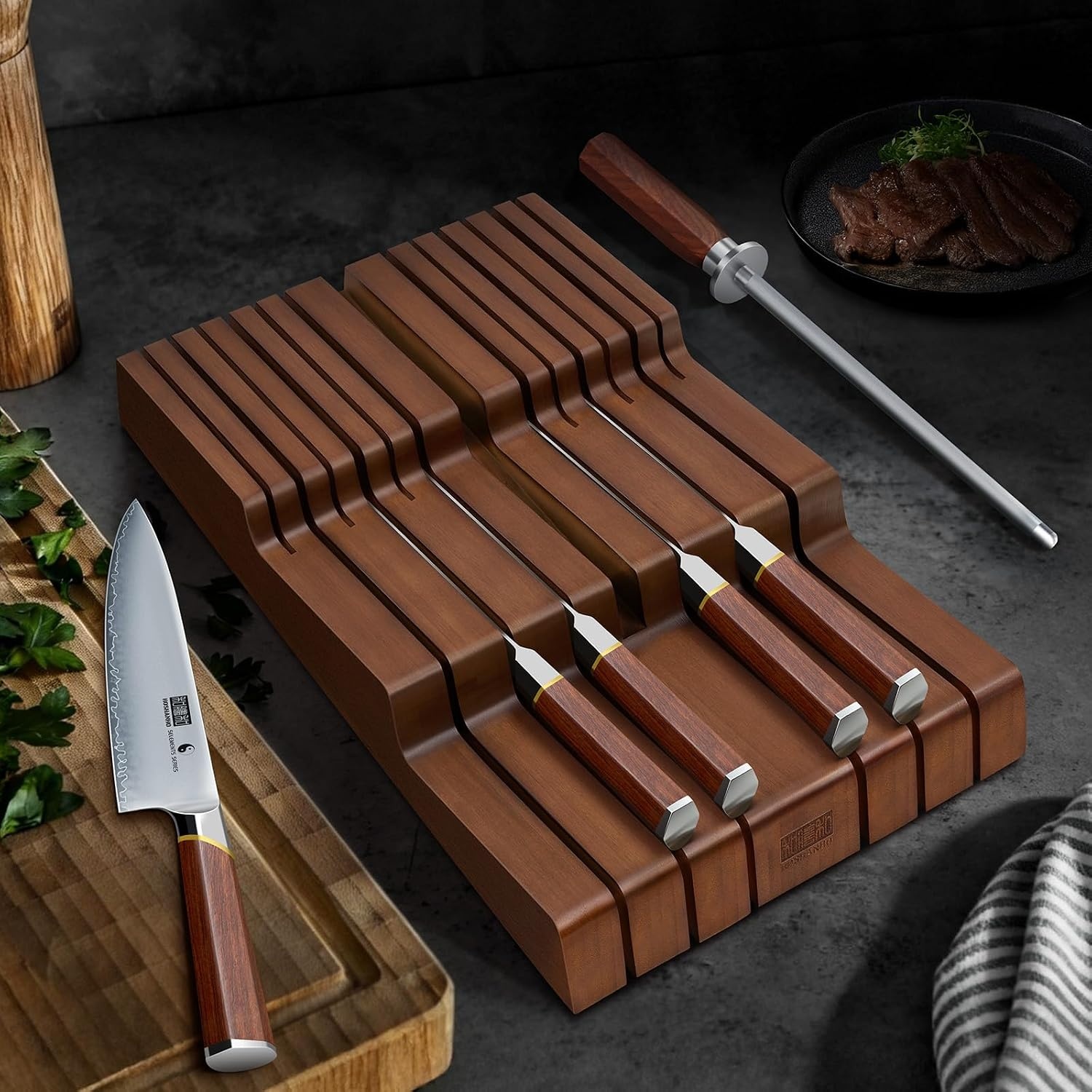 image:imageHOSHANHO InDrawer Knife Block Bamboo Knife Drawer Organizer for 12 Knives Large Knife Organizer Block Kitchen Steak Knife Holder for Sharpening Steel Natural Knives amp Sharpening Not IncludedBrown