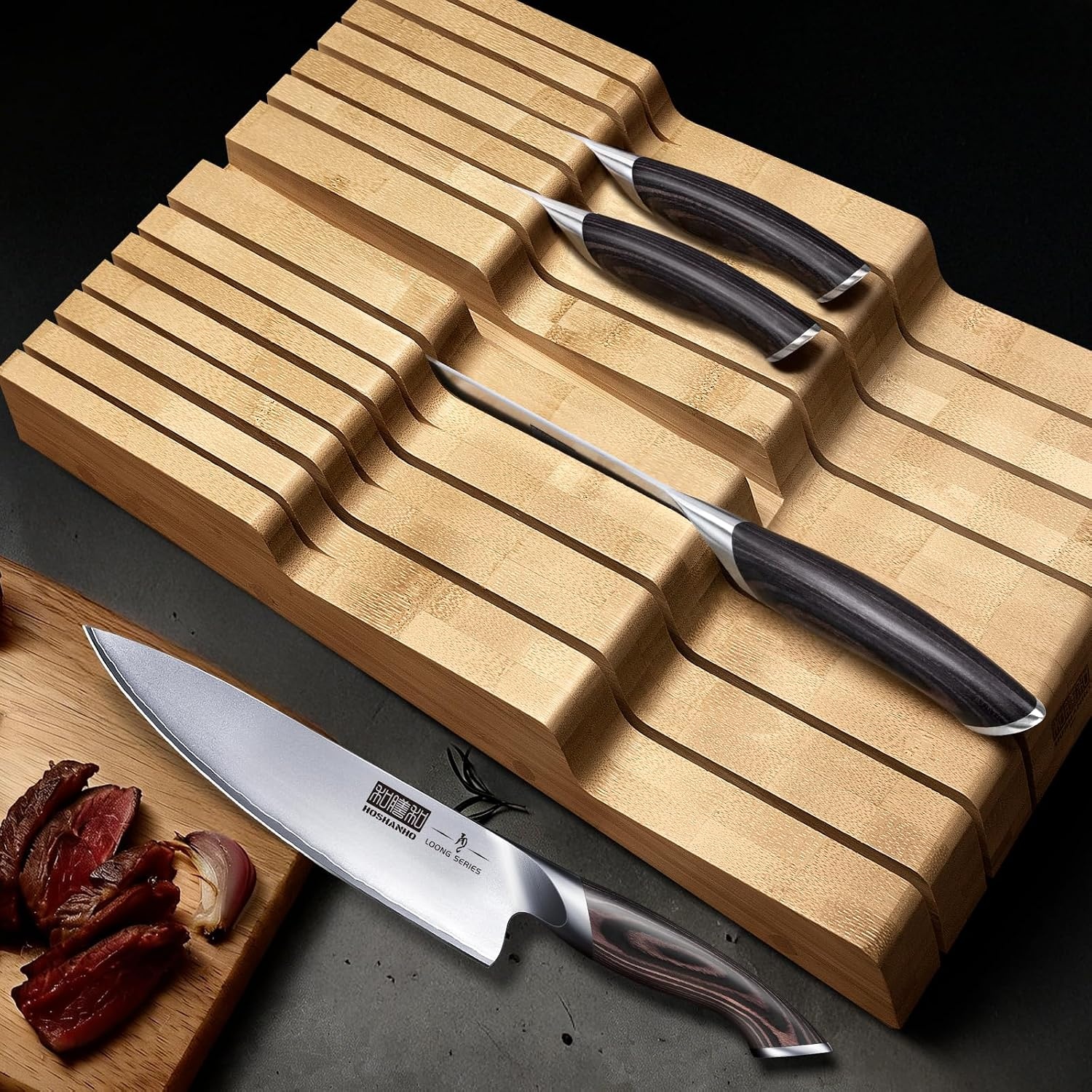 image:imageHOSHANHO InDrawer Knife Block Bamboo Knife Drawer Organizer for 12 Knives Large Knife Organizer Block Kitchen Steak Knife Holder for Sharpening Steel Natural Knives amp Sharpening Not IncludedNatural