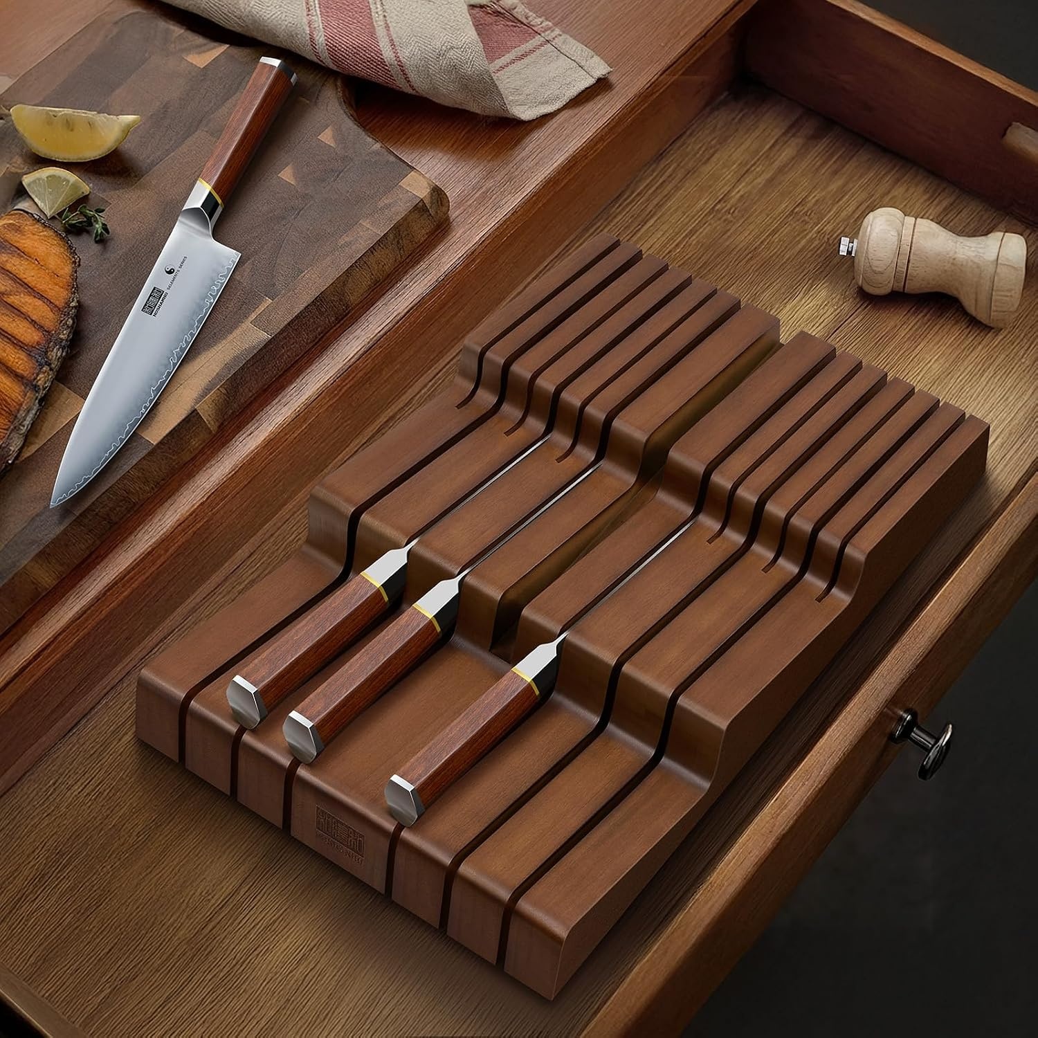 image:imageHOSHANHO InDrawer Knife Block Bamboo Knife Drawer Organizer for 12 Knives Large Knife Organizer Block Kitchen Steak Knife Holder for Sharpening Steel Natural Knives amp Sharpening Not IncludedBrown