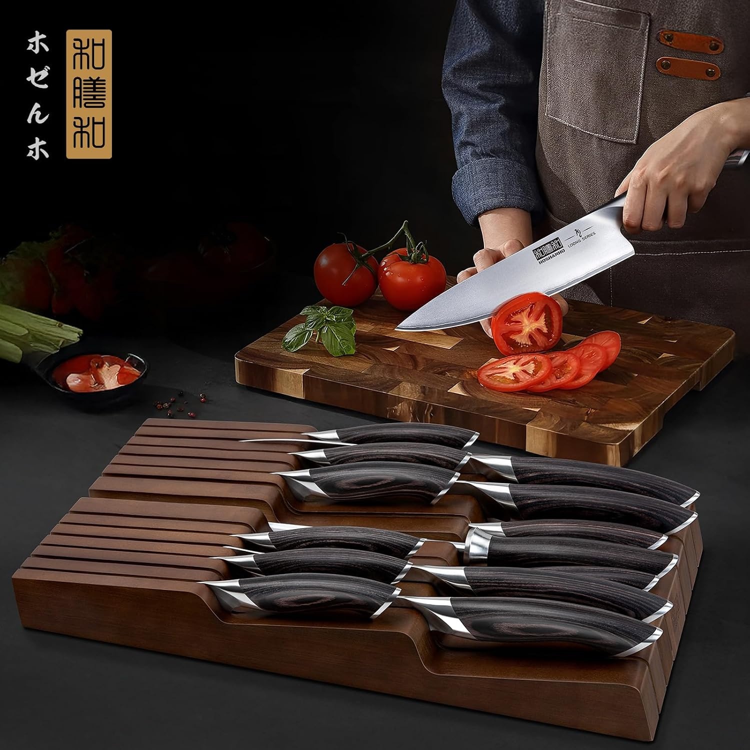 image:imageHOSHANHO Kitchen Knife Set with Block 14PCS Ultra Sharp Knife Block Set Professional Japanese High Carbon Stainless Steel Chef Knives Set with Sharpener in Knife Drawer Organizer Ergonomic Handle