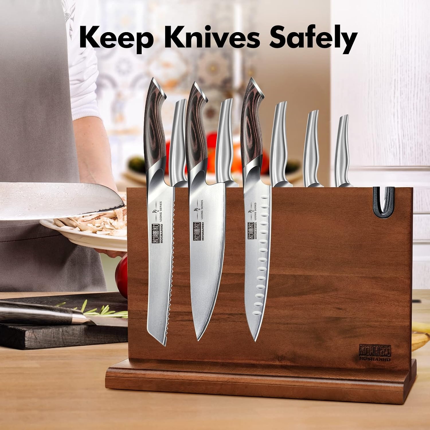 image:imageHOSHANHO Resin Magnetic Knife Block Double Sided Magnetic Knife Holder Multifunctional Kitchen Knife Organizer Storage for Kitchen Counter Thickened Acacia Wood Universal Knife Block for Chefs141045 inch