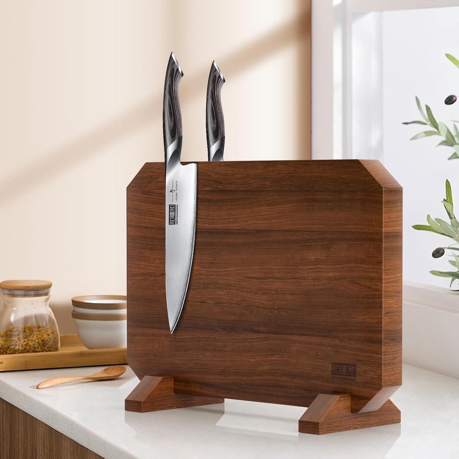 image:imageHOSHANHO Resin Magnetic Knife Block Double Sided Magnetic Knife Holder Multifunctional Kitchen Knife Organizer Storage for Kitchen Counter Thickened Acacia Wood Universal Knife Block for Chefs141047 inch