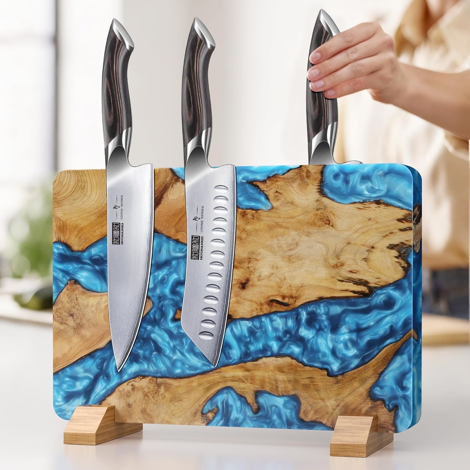 image:imageHOSHANHO Resin Magnetic Knife Block Double Sided Magnetic Knife Holder Multifunctional Kitchen Knife Organizer Storage for Kitchen Counter Thickened Acacia Wood Universal Knife Block for Chefs131044 inch