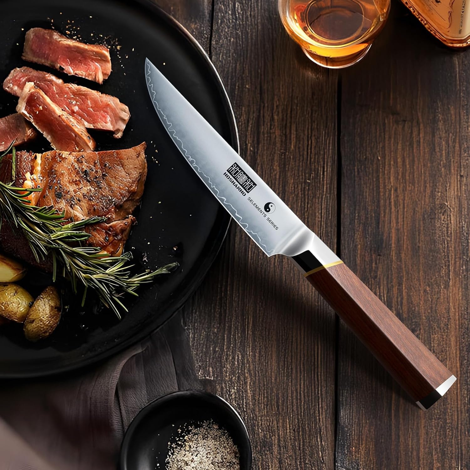 image:imageHOSHANHO Steak Knife Set of 6 Professional 45 Non Serrated Steak Knives Japanese High Carbon Steel Steak Knife Set Ultra Sharp Dinner Knives with Ergonomic Handle for Precise Cutting amp Gift Box