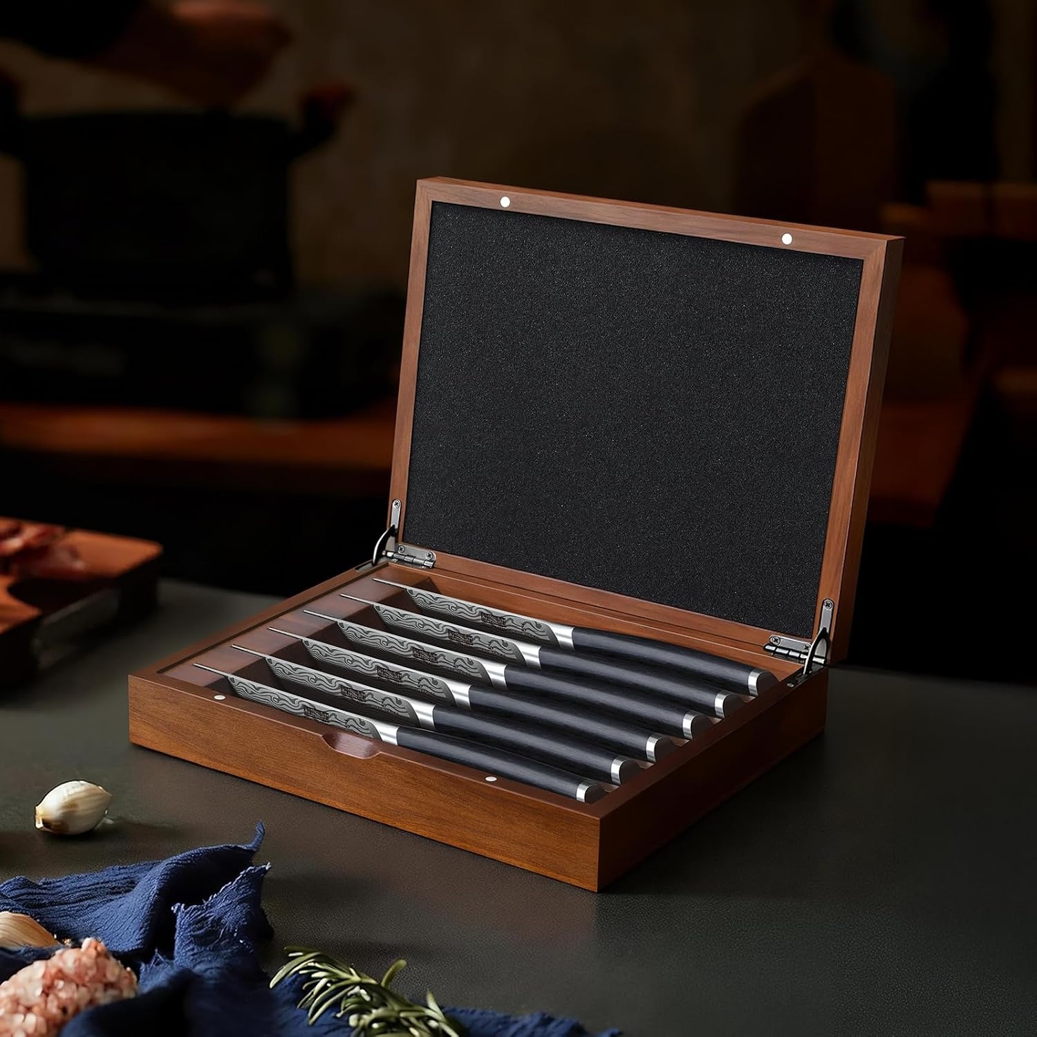 image:imageHOSHANHO Steak Knives Set of 6 45 Inch Japanese Serrated Steak Knife Set Ultra Sharp High Carbon Powder Steel Steak Knife Effortless Cutting Dinner Knives with Pakkawood Handle Cooking Gifts7 Pieces Steak Knife Set