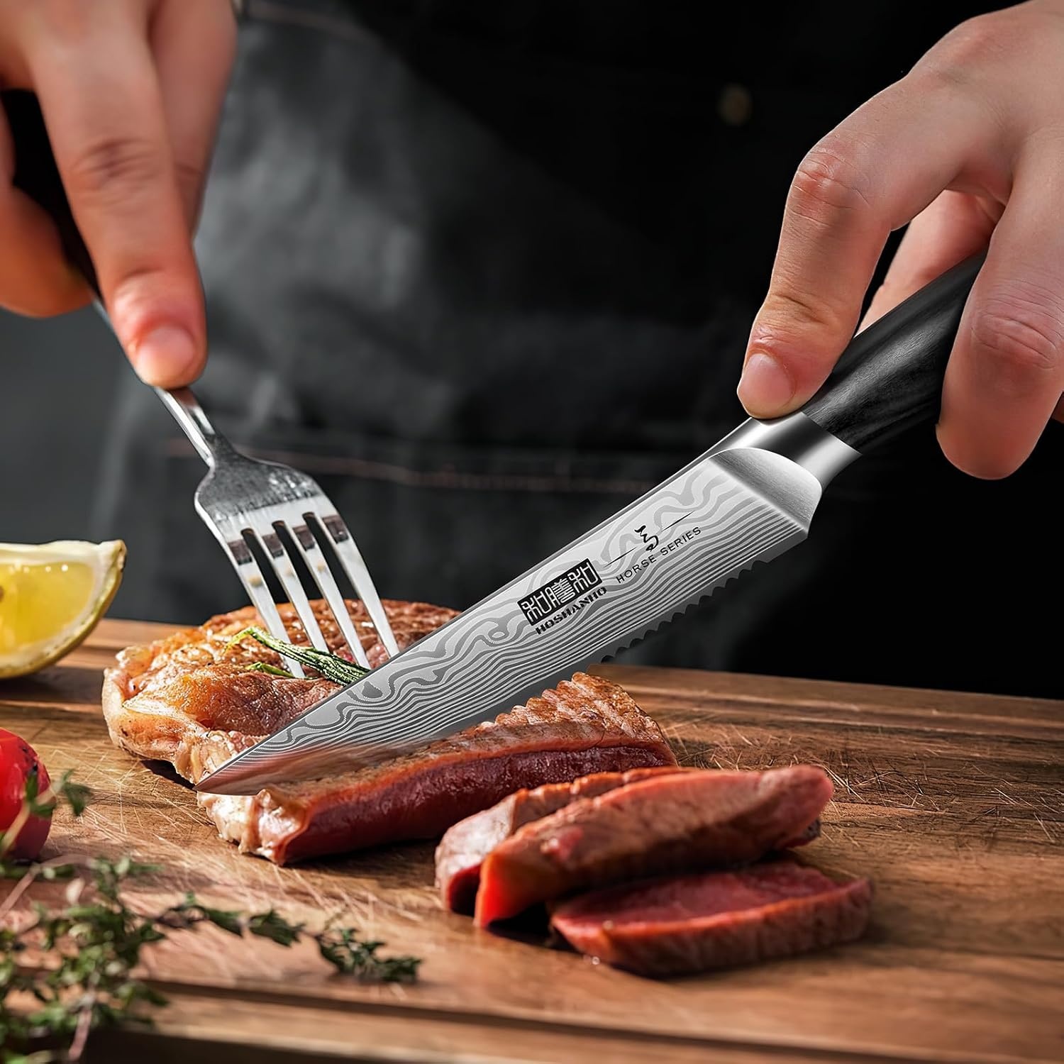 image:imageHOSHANHO Steak Knives Set of 6 45 Inch Japanese Serrated Steak Knife Set Ultra Sharp High Carbon Powder Steel Steak Knife Effortless Cutting Dinner Knives with Pakkawood Handle Cooking Gifts6 Pieces Steak Knife Set
