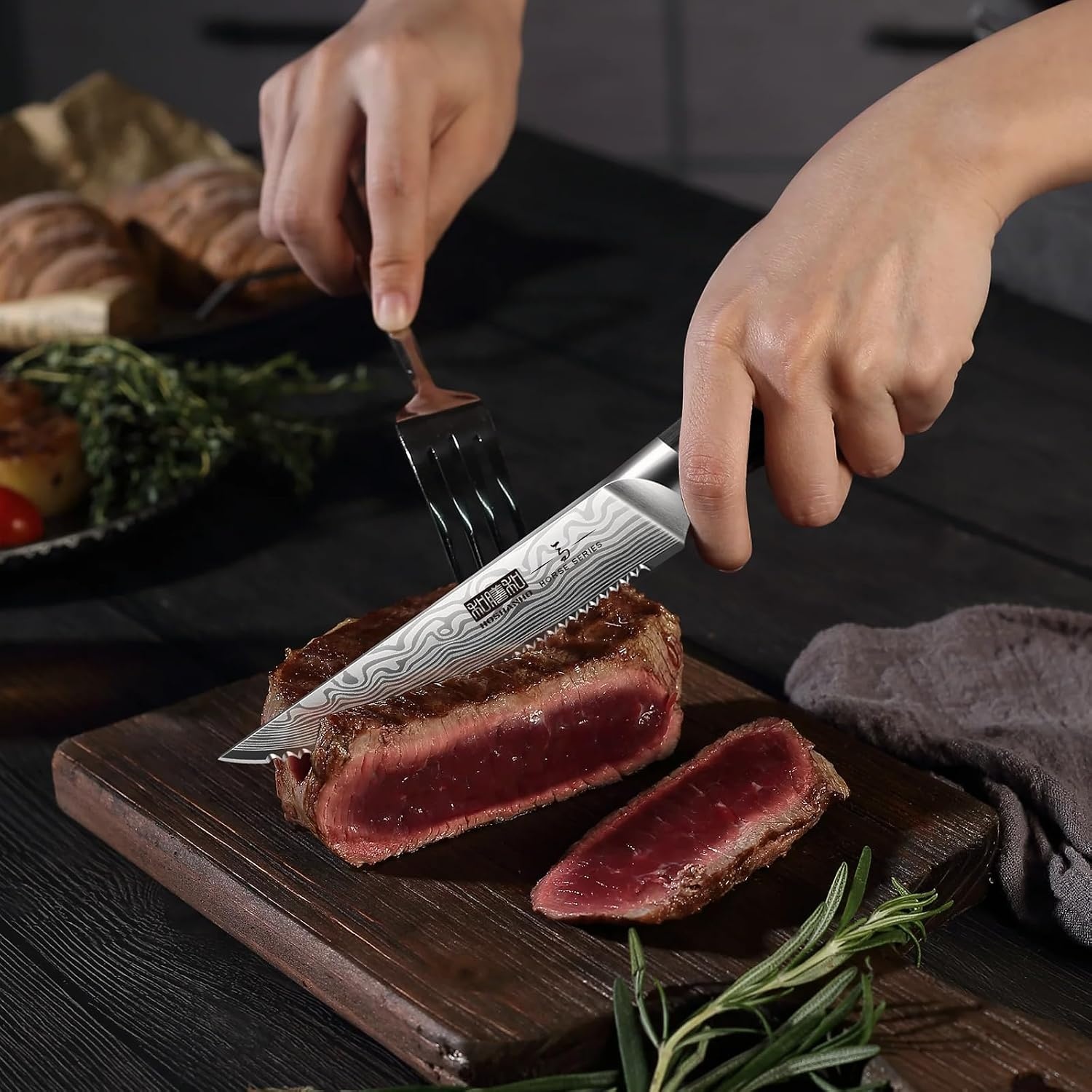 image:imageHOSHANHO Steak Knives Set of 6 45 Inch Japanese Serrated Steak Knife Set Ultra Sharp High Carbon Powder Steel Steak Knife Effortless Cutting Dinner Knives with Pakkawood Handle Cooking Gifts7 Pieces Steak Knife Set