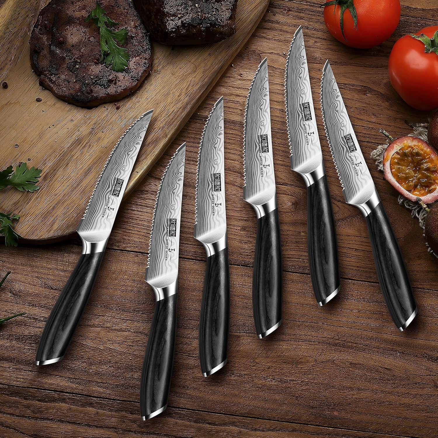 image:imageHOSHANHO Steak Knives Set of 6 45 Inch Japanese Serrated Steak Knife Set Ultra Sharp High Carbon Powder Steel Steak Knife Effortless Cutting Dinner Knives with Pakkawood Handle Cooking Gifts6 Pieces Steak Knife Set